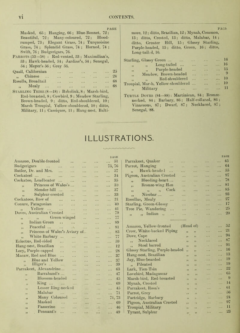 PAGE Masked, 65 ; Hanging, 66 ; Blue-Bonnet, 72 ; Beautiful, 72; Many-coloured, 72; Blood- rumped, 73; Elegant Grass, 74 ; Turquoisine Grass, 74 ; Splendid Grass, 74 ; Horned, 74 ; Swift, 76 ; Budgerigars, 76. Parrots (53—58) : Red-vented, 53 ; Maximilian’s, 53 ; Hawk-headed, 54; Jardine’s, 54 ; Senegal, 54 ; Meyer’s 56 ; Grey 56. Quail, Californian „ Chinese Rosella, Broadtail Mealy Starling Tribe (8—18): Bobolink, 8; Marsh-bird, Red-breasted, 8 ; Cowbird, 9 ; Meadow Starling, Brown-headed, 9; ditto, Red-shouldered, 10; Marsh Troupial, Yellow-shouldered, 10; ditto, Military, 11; Cassiques, 11; Hang-nest, Balti- 25 24 68 68 PAGE more, 12; ditto, Brazilian, 12 ; Mynah, Common, 13; ditto, Crested, 13; ditto, Malabar, 14 ; ditto, Greater Hill, 15; Glossy Starling, Purple-headed, 15; ditto, Green, 16 ; ditto, Long-tailtd, 16. Starling, Glossy Green ■■ 16 „ „ Long-tailed 16 ,, „ Purple-headed 15 ,, Meadow, Brown-headed ... ... ... 6 „ „ Red-shouldered ... 10 Troupial, Mar-h, Yellow-shouldered 10 „ Military H Turtle Doves (84—88): Martinican, 84; Bronze- necked, 84 ; Barbary, 86 ; Half-collared, 86 ; Vinaceous, 87; Dwarf, 87; Necklaced, 87; Senegal, 88. ILLUSTRATIONS. 1 AGE PAGE Amazon, Double-fronted 51 Parrakeet, Quaker 45 Budgerigars 75, 76 Parrot, Hanging 64 Butler, Dr. and Mrs. 57 „ Hawk-headed ... 55 Cockateel 34 Pigeon, Australian Crested 97 Cockatoo, Leadbeater 35 „ Bleeding-heart... 78 „ Princess of Wales’s 39 ,, Bronze-wing Hen 81 ,, Slender-bill 37 ,, ,, ,, Cock .. ... 85 ,, Sulphur-crested 33 ,, Nicobar 93 Cockatoos, Row of 31 Rosellas, Mealy 27 Conure, Patagonian ... ... 40 Starling, Green-Glossy 17 ,, Yellow ... 41 Tree Pie, Wandering 25 Doves, Australian CresLed 79 ,, ,, Indian ., 20 „ ,, Green-winged 77 „ Indian Green 89 ,, Peaceful ... 81 Amazon, Yellow-fronted (Head of) 52 ,, Princess of Wales’s Aviary of.. 83 Crow, White-backed Piping „ „ 21 ,, White Barbary 77 Dove, Cape „ „ 94 Eclectus, Red-sided 59 ,, Necklaced „ „ 87 Hang-nest, Brazilian 12 ,, Steel barred „ „ ... 91 Lory, Purple-capped 28 Glossy Starling, Purple-headed „ „ 16 Macaw, Red and Blue 37 Hang-nest, Brazilian „ „ 13 ,, Blue and Yellow 37 Jay, Blue-bearded „ „ 19 ,, llliger’s 39 „ Pileated „ „ 19 Parrakeet, Alexandrine... 63 Lark, Tien-Tsin „ „ 22 „ Barraband’s 47 Lovebird, Madagascar ,, „ 65 „ Blossom-headed 45 Marsh-bird, Red-breasted „ „ 9 „ King 69 Mynah, Crested „ „ ... 14 „ Lesser Ring-necked 45 Parrakeet, Rosa’s „ „ 61 „ Malabar 71 Parrot, Grey ,, ,> 56 „ Many Coloured 7 , 73 Partridge, Barbary ,, , 24 „ Masked 69 Pigeon, Australian Crested ,, •, 97 „ Passerine 46 Troupial, Military „ ,, 11 „ Pennant’s ... 49 Tyrant, Sulphur ,, „ 23