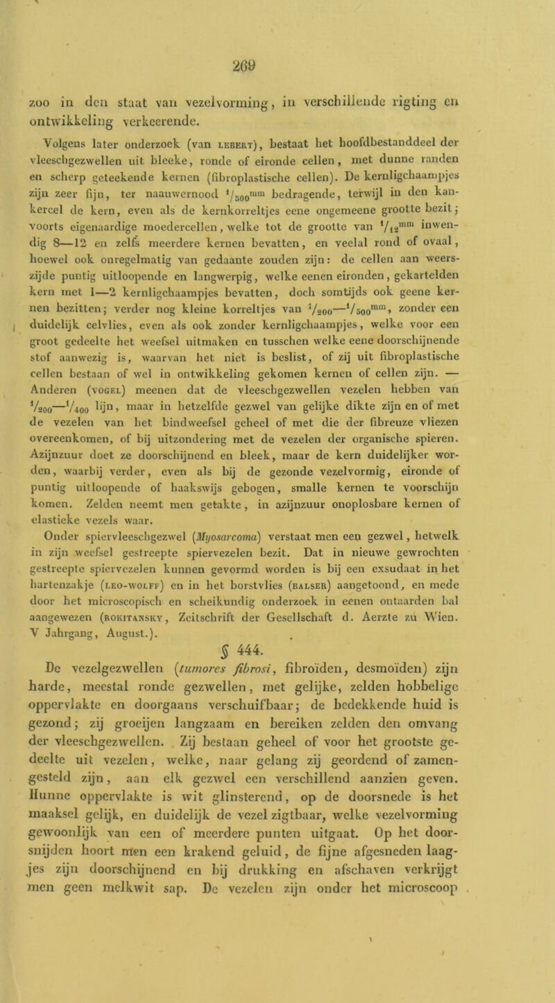 zoo in den stuat van vezelvorming, iu verschillende rigting en ontwikkeling verkeerende. Volgens later onderzoek (van lebert), bestaat het hoofdbestanddeel der vleeschgezwellen uit bleeke, ronde of eironde cellen, met dunne randen en scherp geteekende kernen (fibroplastische cellen). De kernligchaampjes zijn zeer fijn, ter naauwernood */5oo'*“ bedragende, terwijl in den kan- kercel de kern, even als de kernkorreltjes eene ongemeene grootte bezit j voorts eigenaardige moedercellen, welke tot de grootte van Vis'* inwen- dig 8—12 en zelfs meerdere kernen bevatten, en veelal rond of ovaal, hoewel ook onregelmatig van gedaante zouden zijn: de cellen aan weers- zijde puntig uitloopende en langwerpig, welke eenen eironden, gekartelden kern met 1—2 kernligchaampjes bevatten, doch somtijds ook geene ker- nen bezitten; verder nog kleine korreltjes van Vsoo—V»oo» ^or>der een j duidelijk celvlies, even als ook zonder kernligchaampjes, welke voor een groot gedeelte het weefsel uitmaken en tusschen welke eene doorschijnende stof aanwezig is, waarvan het niet is beslist, of zij uit fibroplastische cellen bestaan of wel in ontwikkeling gekomen kernen of cellen zijn. — Anderen (vogel) meenen dat de vleeschgezwellen vezelen hebben van Vaoo—Vioo maar in hetzelfde gezwel van gelijke dikte zijn en of met de vezelen van het bindweefsel geheel of met die der fibreuze vliezen overeenkomen, of bij uitzondering met de vezelen der organische spieren. Azijnzuur doet ze doorschijnend en bleek, maar de kern duidelijker wor- den, waarbij verder, even als bij de gezonde vezel vormig, eironde of puntig uitloopende of haakswijs gebogen, smalle kernen te voorschijn komen. Zelden neemt men getakte , in azijnzuur onoplosbare kernen of clastieke vezels waar. Onder spiervleescligezwel [Myosarcoma) verstaat men een gezwel, hetwelk in zijn weefsel gestreepte spiervezelen bezit. Dat in nieuwe gewrochten gestreepte spiervezelen kunnen gevormd worden is bij een exsudaat in het hartenzakje (leo-wolff) en in het borslvlies (balser) aangetoond, en mede door het microscopisch en scheikundig onderzoek in eenen ontaarden bal aangewezen (rokitansky, Zeitschrift der Gesellschaft cl. Aerzte zu Wien. V Jahrgang, August.). § 444. Dc vezclgezwellen {^tumores fibrosi, fibroïden, desmoïden) zijn harde, meestal ronde gezwellen, met gelijke, zelden hobbelige oppervlakte en doorgaans verschuifbaar; de bedekkende huid is gezond; zij groeijen langzaam en bereiken zelden den omvang der vleeschgezwellen. Zij hcslaan geheel of voor het grootste ge- deelte uit vezelen, welke, naar gelang zij geordend of zamen- gesteld zijn, aan elk gezwel een verschillend aanzien geven. Hunne oppervlakte is wit glinsterend, op de doorsnede is het maaksel gelijk, en duidelijk de vezel zigthaar, welke vezelvorming gewoonlijk van een of meerdere punten uitgaat. Op het door- snijden hoort men een krakend geluid, de fijne afgesneden laag- jes zijn doorschijnend en hij drukking en afschaven verkrijgt men geen melkwit sap. De vezelen zijn onder het microscoop .