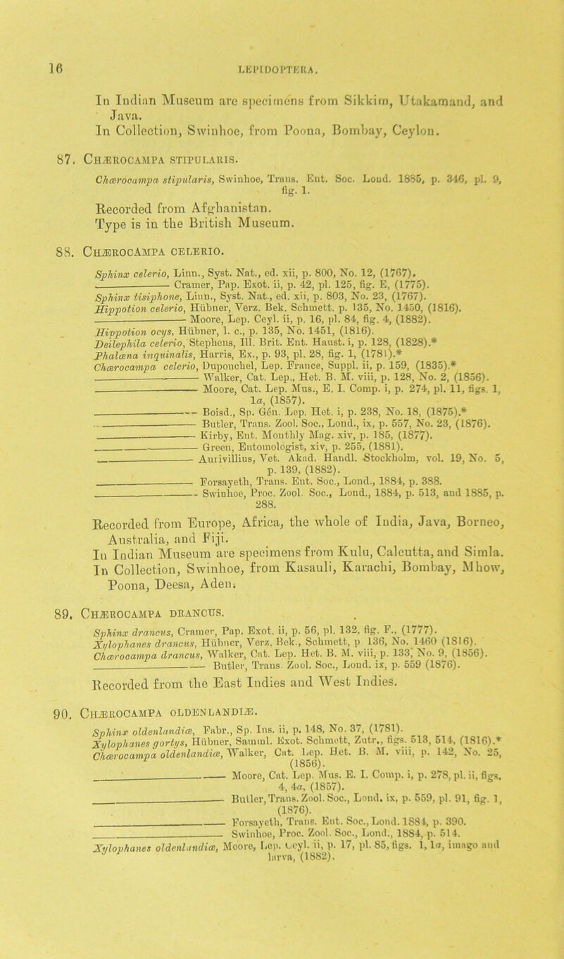 In Indian Museum are specimens from Sikkim, Utakamand, and Java. In Collection, Swinhoe, from Poona, Bombay, Ceylon. 87. CII2EB.0 CAMP A STIl'UI.ARIS. Chcerocampa stipularis, Swinhoe, Trans. Knt. Soc. Loud. 1885, p. 3-46, pi. 9, fig. 1. Recorded from Afghanistan. Type is in the British Museum. 88. Ch-erocampa celerio. Sphinx celerio, Linn., Syst. Nat., ed. xii, p. 800, No. 12, (1707). Cramer, Pap. Exot. ii, p. 42, pi. 125, fig. E, (1775). Sphinx tisiplione, Linn., Syst. Nat., ed. xii, p. 803, No. 23, (1767). Hippotion celerio, Hiibner, Yerz. Bek. Schmett. p. 135, No. 1450, (1816). -— Moore, Lep. Ceyl. ii, p. 16, pi. 84, fig. 4, (1882). Hippotion ocys, Hiibner, 1. c., p. 135, No. 1451, (1816). Deilephila celerio, Stephens, 111. Brit. Ent. Ilaust. i, p. 128, (1828).* Phalcena inquinalis, Harris, Ex., p. 93, pi. 28, fig. 1, (1781).* Chcerocampa celerio, Duponchel, Lep. France, Suppl. ii, p. 159, (1835).* Walker, Cat. Lep., Het. B. M. viii, p. 128, No. 2, (1856). - Moore, Cat. Lep. Mus., E. I. Comp, i, p. 274, pi. 11, figs. 1, la, (1857). — Boisd., Sp. Gen. Lep. Het. i, p. 238, No. 18, (1875).* ... Butler, Trans. Zool. Soc., Lond., ix, p. 557, No. 23, (1876). Kirby, Ent. Monthly Mag. xiv, p. 185, (1877). Green, Entomologist, xiv, p. 255, (1881). Aurivillius, Vet. Akad. Handl. -Stockholm, vol. 19, No. 5, p. 139, (1882). Forsayeth, Trans. Ent. Soc., Lond., 1884, p. 388. Swinhoe, Proc. Zool Soc., Lond., 1884, p. 513, and 1885, p. 288. Recorded from Europe, Africa, the whole of India, Java, Borneo, Australia, and Fiji. In Indian Museum are specimens from Kulu, Calcutta, and Simla. In Collection, Swinhoe, from Kasauli, Karachi, Bombay, Mhow, Poona, Deesa, Adem 89. CH2EROCAMVA drancus. Sphinx drancus, Cramer, Pap. Exot. ii, p. 56, pi. 132, fig. F„ (1777). Xi/lophanes drancus, Hiibner, Yerz. Bek., Schmett, p 136, No. 1460 (1SI6). Chcerocampa drancus, Walker, Cat. Lep. Het. B. M. viii, p. 133, No. 9, (1856). Butler, Trans. Zool. Soc., Loud, is, p. 559 (1876). Recorded from the East Indies and West Indies. 90. C lliE ROC amp a oldenlandial Sphinx oldenlandicB, Fabr., Sp. Ins. ii, p. 148, No. 37, (1781). Xylophones gortys, Hiibner, Samuil. Exot. Schmett, Zutr., figs. 513, 514, (1816).* Chcerocampa oldenlandicc, Walker, Cat. Lep. Het. B. M. viii, p. 142, No. 25, (1856). Moore, Cat. Lep. Mus. E. I. Comp, i, p. 278, pi. ii, figs, 4, 4a, (1857). — Butler,Trans. Zool. Soc., Lond. ix, p. 559, pi. 91, fig. 1, (1876). Forsayeth, Trans. Ent. Soc., Lond. 1S84, p. 390. Swinhoe, Proc. Zool. Soc., Lond., 1884, p. 514. Xylophones oldenlandicc, Moore, Lep. ocyl. ii, p. 17, pi. 85, figs. 1, la, imago and J larva, (1882).