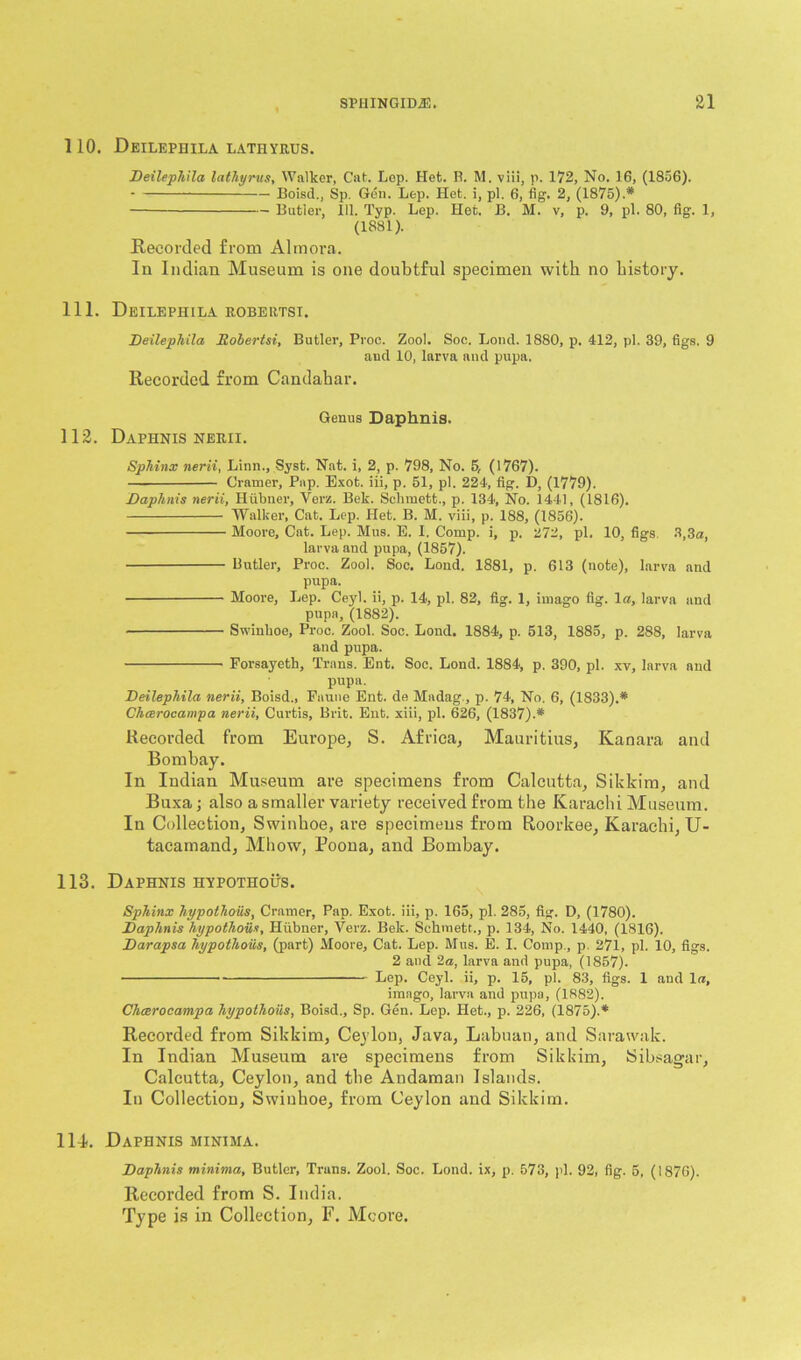 110. DEILEPHILA LATHYRUS. Deilephila lathyrus. Walker, Cat. Lep. Het. B. M. viii, p. 172, No. 16, (1856). Boise!., Sp. Gen. Lep. Het. i, pi. 6, fig. 2, (1875).* — Butler, 111. Typ. Lep. Het. B. M. v, p. 9, pi. 80, fig. 1, (1881). Recorded from Almora. In Indian Museum is one doubtful specimen with no history. 111. Deilephila robertsi. Deilephila Robertsi, Butler, Proc. Zool. Soc. Loud. 1880, p. 412, pi. 39, figs. 9 and 10, larva and pupa. Recorded from Candahar. Genus Daphnis. 112. Daphnis nerii. Sphinx nerii, Linn., Syst. Nat. i, 2, p. 798, No. 5, (1767). — Cramer, Pap. Exot. iii, p. 51, pi. 224, fig. D, (1779). Daphnis nerii, Hiibner, Verz. Bek. Sclnnett., p. 134, No. 1441, (1816). Walker, Cat. Lep. Het. B. M. viii, p. 188, (1856). Moore, Cat. Lep. Mus. E. 1. Comp, i, p. 272, pi. 10, figs 3,3a, larva and pupa, (1857). Butler, Proc. Zool. Soc. Lond. 1881, p. 613 (note), larva and pupa. Moore, Lep. Ceyl. ii, p. 14, pi. 82, fig. 1, imago fig. la, larva and pupa, (1882). Swinboe, Proc. Zool. Soc. Lond. 1884, p. 513, 1885, p. 288, larva and pupa. Eorsayeth, Trans. Ent. Soc. Lond. 1884, p. 390, pi. xv, larva and pupa. Deilephila nerii, Boisd., Paune Ent. de Madag, p. 74, No. 6, (1833).* Chcerocampa nerii, Curtis, Brit. Ent. xiii, pi. 626, (1837).* Recorded from Europe, S. Africa, Mauritius, Kanara and Bombay. In Indian Museum are specimens from Calcutta, Sikkim, and Buxa; also a smaller variety received from the Karachi Museum. In Collection, Swinhoe, are specimens from Roorkee, Karachi, U- tacamand, Mhow, Poona, and Bombay. 113. Daphnis hypothous. Sphinx hypothoiis, Cramer, Pap. Exot. iii, p. 165, pi. 285, fig. D, (1780). Daphnis hypothoiis, Hiibner, Verz. Bek. Sclnnett., p. 134, No. 1440, (1816). Darapsa hypothoiis, (part) Moore, Cat. Lep. Mus. E. I. Comp., p. 271, pi. 10, figs. 2 and 2a, larva and pupa, (1857). Lep. Ceyl. ii, p. 15, pi. 83, figs. 1 and la, imago, larva and pupa, (1882). Chcerocampa hypothoiis, Boisd., Sp. Gen. Lep. Het., p. 226, (1875).* Recorded from Sikkim, Cej lou, Java, Labuan, and Sarawak. In Indian Museum are specimens from Sikkim, Sibsagar, Calcutta, Ceylon, and the Andaman Islands. In Collection, Swinhoe, from Ceylon and Sikkim. 11-1. Daphnis minima. Daphnis minima, Butler, Trans. Zool. Soc. Lond. ix, p. 573, pi. 92, fig. 5, (1876). Recorded from S. India.