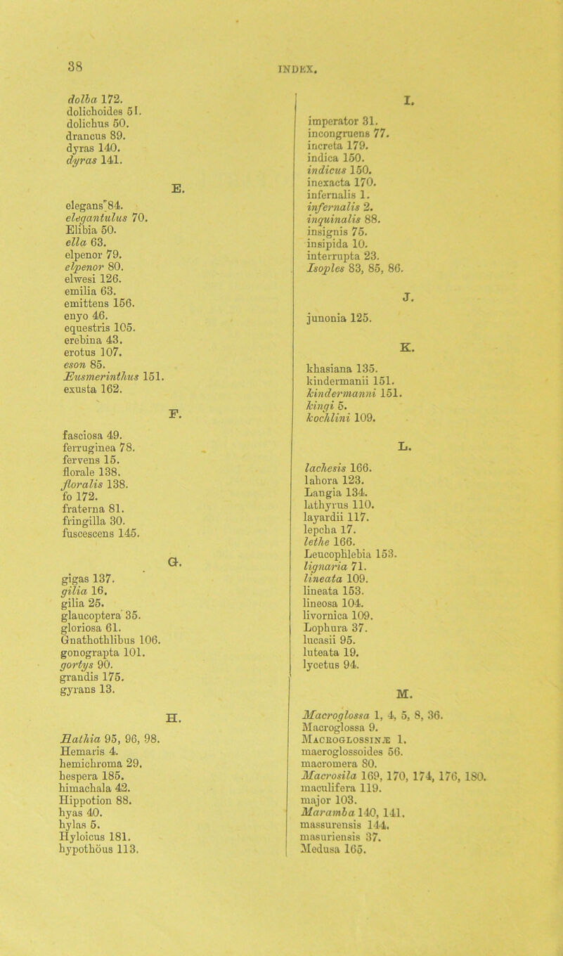 dolha 172. doliclioidos 51. dolichus 60. drancus 89. dyras 140. dyras 141. E. elegans'84. elegantulus 70. Elibia 60. ella 63. elpenor 79. elpenor 80. elwesi 126. emilia 63. emittens 156. enyo 46. equcstris 105. erebina 43. erotus 107. eson 85. Eusmerinthus 151. exusta 162. F. fasciosa 49. ferruginea 78. fervens 15. florale 138. floralis 138. fo 172. fraterna 81. fringilla 30. fuscescens 145. a. gigas 137. gilia 16. gilia 25. glaucoptera 35. gloriosa 61. Guathothlibus 106. gonograpta 101. gortys 90. grandis 175. gyrans 13. imperator 31. incongruens 77. increta 179. indica 150. indicus 150. inexacta 170. infernalis 1. infernalis 2. inquinalis 88. insignia 75. insipida 10. interrupta 23. Isoples 83, 85, 86. J. junonia 125. K. khasiana 135. kiudermanii 151. lcindermanni 151. kingi 5. kochlini 109. L. lachesis 166. lahora 123. Langia 134. lathyrus 110. layardii 117. lepcba 17. letlie 166. Leucopblebia 153. lignaria 71. lineata 109. lineata 153. lineosa 104. livornica 109. Lopkuva 37. lucasii 95. luteata 19. lycetus 94. M. H. ILatliia 95, 96, 98. Hemaris 4. hemichroma 29. hespera 185. himacliala 42. Hippotion 88. hyas 40. hylas 5. Ilyloicus 181. hypotkous 113. Macroglossa 1, 4, 5, 8, 36. Macroglossa 9. Maceoglossin;e 1. maeroglossoides 56. maoromera SO. Maci-osila 169, 170, 174, 176, 180. maeulifera 119. major 103. Maramba 140, 141. massurensis 144. masuriensis 37. Medusa 165.