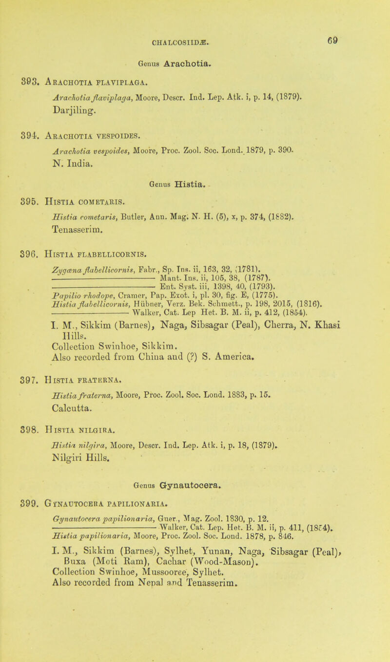 Genus Arachotia. 393. Arachotia flaviplaga. Arachotia flaviplaga, Moore, Descr. Ind. Lep. Atk. i, p. 14, (1879). Darjiling. 394. Arachotia vespoides. Arachotia vespoides, Moore, Proc. Zool. Soc. Lond. 1879, p. 390- N. India. Genus Histia. 395. Histia cometaris. Histia cometaris, Butler, Ann. Mag. N. H. (5), x, p. 374, (1882). Tenasserim. 396. Histia flabellicornis. Zygana flabellicornis, Fabr., Sp. Tns. ii, 163, 32, (1781). . — Mant. Ins. ii, 106, 38, (1787). Ent. Syst. iii, 1398, 40, (1793). Papilio rhodope, Cramer, Pap. Exot. i, pi. 30, fig. E, (1775). Histia flabellicornis, Hiibner, Verz. Bek. Sehmett., p. 198, 2015, (1816). Walker, Cat. Lep Het. B. M. ii, p. 412, (1854). I. M., Sikkim (Barnes), Naga, Sibsagar (Peal), Clierra, N. Kkasi Hills. Collection Swinhoe, Sikkim. Also recorded from China and (?) S. America. 397. Histia fraterna. Histia fraterna, Moore, Proc. Zool. Soc. Lond. 1883, p. 15. Calcutta. 398. Histia nilgira. Histia nilgira, Moore, Descr. Ind. Lep. Atk. i, p. 18, (1879). Nilgiri Hills. Genus G-ynautocera. 399. G UNAUTOCERA PAPILIONARIA. Gynautocera papilionaria, Guer , Mag. Zool. 1830, p. 12. Walker, Cat. Lep. Het. B. M. ii, p. 411, (1854). Histia papilionaria, Moore, Proc. Zool. Soc. Lond. 1878, p. 846. I. M., Sikkim (Barnes), Sylhet, Yunan, Naga, Sibsagar (Peal)> Buxa (Moti Ram), Cacliar (Wood-Mason). Collection Swinhoe, Mussooree, Sylhet. Also recorded from Nepal and Tenasserim.