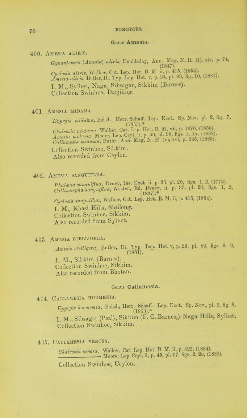 Genus Amesia. 400. Amesia. aliius. Gynautocera (Amesia) aliris, Doubleday, Ann^Mag. N. H. (1), six, p. Cyclosia aliris, Walker. Cat. Lep. Het. B. M. ii, P- 415. (1854). Amesia aliris, Butler, 111. Typ. Lep. Het. v, p. 24, pi. 83, fig. 10, (18sl). I. M., Sylbet, Naga, Sibsagar, Sikkim (Barnes). Collection Swinkoe, Darjiling. 74, 401. Amesia midama. Epyrqis midama, Boisd., Herr. Scbaff. Lep. Exot. Sp. Nov. pi. 2, fig. (1853).* Chalcosia midama, Walker, Cat. Lep. Het. B. M ^ p 1670 (1856) Amesia midama Moore, Lep. Ceyl. n, P-46, pi. 98, Ggs Callamesia midama, Butler, Ann. Mag. N. H. (v), xvi, p. 34o, (188o). 7, Collection Swinlioe, Sikkim. Also recorded Irorn Ceylon. 402. Amesia sangtjifluA. Plialeena sangufiua, Drury, Ins. Exot. n, p. 35, pi. 20, figs. L 2, (In3). ^ Callimorpha sangufiua, Westw., Ed^Drury, u, p. 37, pi. -0, fiDs. 1, -, Cyclosia sanguifiua. Walker, Cat. Lep. Het. B. M. ii, p. 415, (1854). I. M., Kkasi Hills, Skillong. Collection Swinkoe, Sikkim. Also recorded from Sylket. 403. Amesia stelligera. Amesia stelligera, Butler, 111. Typ. Lep. Het. v, p. 23, pi. 83, figs. 8. 9, (1881). I. M., Sikkim (Barnes). _ Collection Swinkoe, Sikkim. Also recorded from Bkotan. Genus Callamesia. 404. Callamesia hormenia. Ewrqis hormemia, Boisd., Herr. Schaff. Lep. Exot. Sp. Nov., pi. 2, fig. 8, 1J J (1853). I. M., Sibsagar (Peal), Sikkim (F. C. Barnes,) Naga Hills, Sylket. Collection Swinkoe, Sikkim. 405. Callamesia venosa. Chalcosia venosa, Walker, Cat. Lep. Het. B. M. ii p. 422 (1854). -—- Moore, Lep. Ceyl, u, p. 45, pi. 97, hg». Z, 2a, (18c^). Collection Swinkoe, Ceylon.