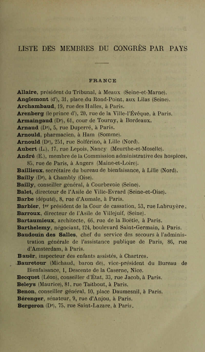 LISTE DES MEMBRES DU CONGRÈS PAR PAYS FRANCE Allaire, président du Tribunal, à Meaux (Seine-et-Marne). Anglemont (d’), 31, place du Rond-Point, aux Lilas (Seine). Archambaud, 19, rue des Halles, à Paris. Arenberg (le prince d’), 20, rue de la Ville-rÉvêque, à Paris. Armaingaud (Dr), 61, cour de Tourny, à Bordeaux. Arnaud (Dr), 5, rue Duperré, à Paris. Arnould, pharmacien, à Ham (Somme). Arnould (Dr), 251, rue Solférino, à Lille (Nord). Aubert (L.), 17, rue Lepois, Nancy (Meurthe-et-Moselle). André (E.), membre de la Commission administrative des hospices, 85, rue de Paris, à Angers (Maine-et-Loire). Baillieux, secrétaire du bureau de bienfaisance, à Lille (Nord). Bailly (Dr), à Chambly (Oise). Bailly, conseiller général, à Courbevoie (Seine). Balet, directeur de l’Asile de Ville-Evrard (Seine-et-Oise). Barbe (député), 8, rue d’Aumale, à Paris. Barbier, 1er président de la Cour de cassation, 53, rue Labruyère. Barroux, directeur de l’Asile de Villejuif, (Seine). Bartaumieux, architecte, 66, rue de la Boétie, à Paris. Barthélémy, négociant, 124, boulevard Saint-Germain, à Paris. Baudouin des Salles, chef du service des secours à l’adminis- tration générale de l’assistance publique de Paris, 86, rue d’Amsterdam, à Paris. Bauër, inspecteur des enfants assistés, à Chartres. Bauretour (Michaud, baron de), vice-président du Bureau de Bienfaisance, 1, Descente de la Caserne, Nice. Becquet (Léon), conseiller d’État, 33, rue Jacob, à Paris. Beleys (Maurice), 81, rue Taitbout, à Paris. Benon, conseiller général, 10, place Daumesnil, à Paris. Bérenger, sénateur, 9, rue d’Anjou, à Paris. Bergeron (Dr), 75, rue Saint-Lazare, à Paris.