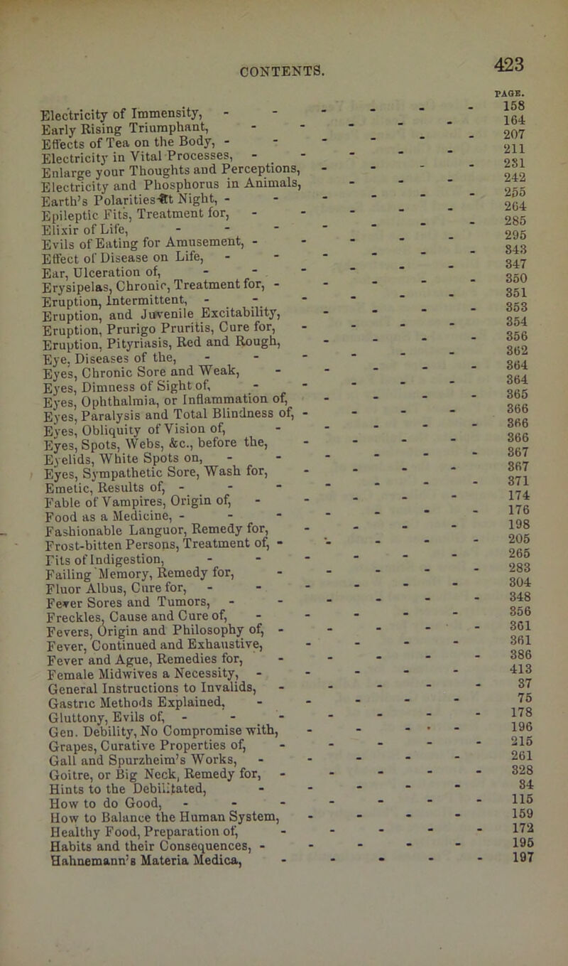 Electricity of Immensity, - Early Rising Triumphant, Effects of Tea on the Body, - Electricity in Vital Processes, - Enlarge your Thoughts and Perceptions, Electricity and Phosphorus in Animals, Earth’s Polarities«t Night, - Epileptic Fits, Treatment for, Elixir of Life, Evils of Eating for Amusement, - Effect of Disease on Life, Ear, Ulceration of, Erysipelas, Chronic, Treatment for, - Eruption, Intermittent, Eruption, and Juvenile Excitability, Eruption, Prurigo Pruritis, Cure for, Eruption, Pityriasis, Red and Rough, Eye, Diseases of the, Eye's, Chronic Sore and Weak, Eyes, Dimness of Sight of, - Eyes, Ophthalmia, or Inflammation of, Eyes, Paralysis and Total Blindness of, Eyes, Obliquity of Vision of, Eyes, Spots, Webs, &c., before the, Eyelids, White Spots on, Eyes, Sympathetic Sore, Wash for, Emetic, Results of, Fable of Vampires, Origin of, Food as a Medicine, - Fashionable Languor, Remedy for, Frost-bitten Persons, Treatment of, - Fits of Indigestion, Failing Memory, Remedy for, Fluor Albus, Cure for, Fever Sores and Tumors, Freckles, Cause and Cure of, Fevers, Origin and Philosophy of, - Fever, Continued and Exhaustive, Fever and Ague, Remedies for, Female Midwives a Necessity, - General Instructions to Invalids, Gastric Methods Explained, Gluttony, Evils of, - Gen. Debility, No Compromise with, Grapes, Curative Properties of, Gall and Spurzheim’s Works, Goitre, or Big Neck, Remedy for, - Hints to the Debilitated, How to do Good, - How to Balance the Human System, Healthy Food, Preparation of, Habits and their Consequences, - Hahnemann’s Materia Medica, PAGE. 158 104 207 211 2S1 242 255 204 285 295 843 347 350 351 353 354 350 302 304 304 305 300 300 300 867 307 371 174 176 198 205 265 283 304 348 356 301 301 386 413 37 75 178 196 215 261 828 84 115 159 172 195 197