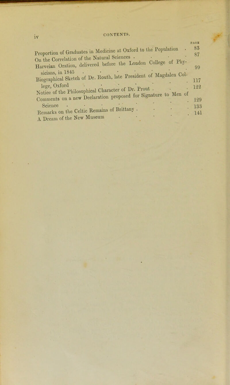 IV r Proportiou of Graduates iu Medicine at Oxford to the Population • On the Correlation of tlie Natural Sciences . ^ • • Harveian Oration, delivered before the London College of Phy Biogmphical^^^^^^^^^ of Dr. llouth, late President of Magdalen Col- lege, Oxford ■ • ■ 't, *- Notice of the Philosophical Character of Dr. Prout . ’ ' S—ts on . new DeclaMion proposed for S.gn.tee t. Me. of Science • • • „ '. ,, Remarks on the Celtic Remains of Brittany . ■ • ' A Dream of the New Museum • • • PAOE 83 87 99 117 122 129 133 141