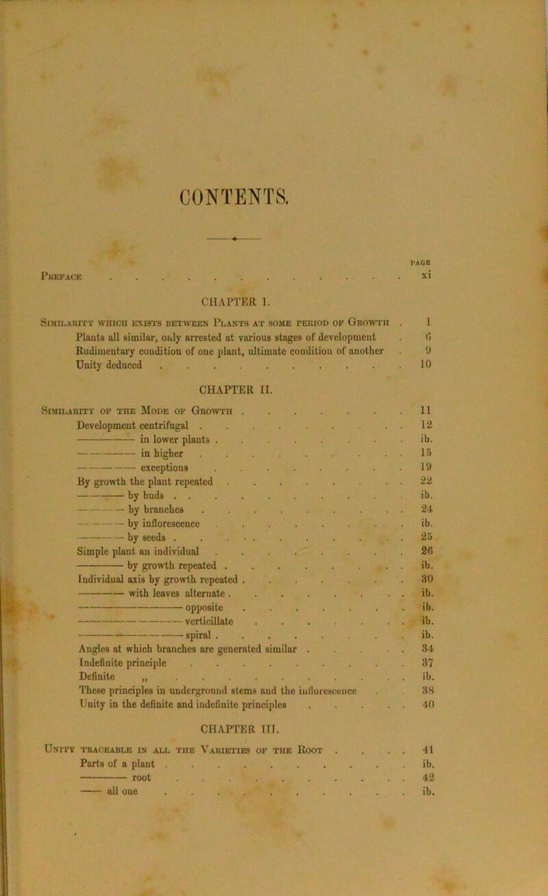 CONTENTS. l’AGE Preface si CHAPTER I. SIMILARITY WHICH EXISTS BETWEEN PLANTS AT SOME rEIHOD OF GROWTH . 1 Plants all similar, only arrested at various stages of development . C Rudimentary condition of one plant, ultimate condition of another 0 Unity deduced 10 CHAPTER II. Similarity of the Mode of Growth II Development centrifugal . . . . . . . . 12 in lower plants ib. in higher . . . . . . . ..15 exceptions . . . . . . .19 By growth the plant repeated . 22 by buds .......... ib. by branches 24 by inflorescence ib. by seeds . . . • . . . . . . . 25 Simple plant an individual 26 by growth repeated ........ ib. Individual axis by growth repeated 30 with leaves alternate . ib. opposite ib. verticillate ib. spiral ........ ib. Angles at which branches are generated similar . . . . 34 Indefinite principle ......... 37 Definite „ .......... ib. These principles in underground stems and the iulloreseence 38 Unity in the definite and indefinite principles 40 CHAPTER III. Unity traceable in all the Vauieties of the Hoot . . . . 41 Parts of a plant ib. root 42 all one ib.