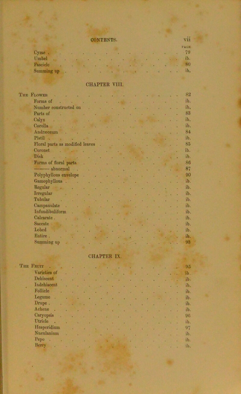 PAOK Cyme . * 79 Umbel ib. Fascicle ........... 80 Summing np ib, CHAPTER VIII. The Flower 82 Forms of * . ■ ■ . ib. Number constructed on ib. Parts of . 83 Calyx . . ib. Corolla . . . . . . . ib. Andncceum 84 Pistil ,. . ib. Floral parts as modified leaves . . . . . ... 85 Coronet ■ .. . . , ib. Disk ............ ib. Forms of floral parts 86 abnormal 87 Polyphyllous envelope 90 Gamopliylions ib. Regular ib. Irregular . . . ib. Tubular ib. Campanulate ib. Infundibuliform ... . r ib. Calcarate ib. Saccate ........... ib. Lobed ............ ib. Entire ib. Summing up 93 CHAPTER IX. The Fruit 95 Varieties of ib. Dehiscent ib. Indehiscent ib. Follicle ib. Legume . . ib. Drupe ib. Achene ib. Caryopsis 96 Utricle ib. Hcspcridium .97 Nucnlanium ib. Pepo ib.