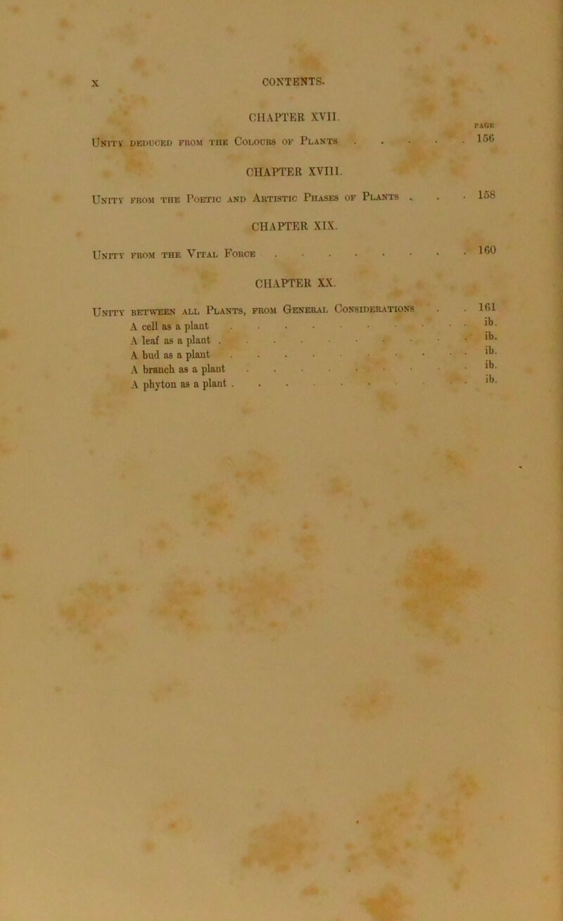 CHAPTER XVII Unitv deduced from the Colours of Plants CHAPTER XVIII. Unity from the Poetic and Artistic Phases of Plants . CHAPTER XIX. Unity from the Vital Force PACK 156 158 160 CHAPTER XX. Unity between all Plants, from General Considerations A cell as a plaut A leaf as a plant #■ *, A bud as a plaut .... A branch as a plant .... A phyton as a plant 1G1 ib. ib. ib. ib. ib.
