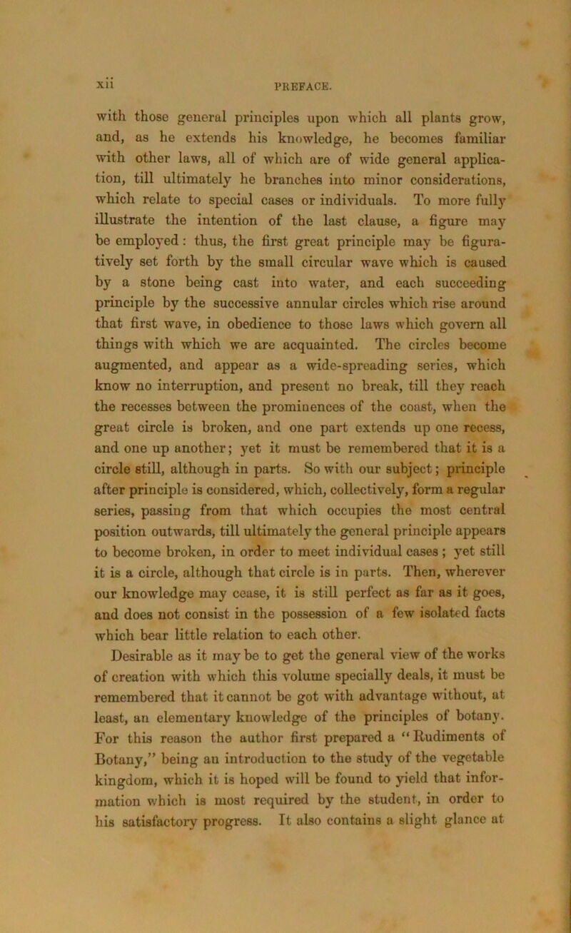 with those general principles upon which all plants grow, and, as he extends his knowledge, he becomes familiar with other laws, all of which are of wide general applica- tion, till ultimately he branches into minor considerations, which relate to special cases or individuals. To more fully illustrate the intention of the last clause, a figure may be employed: thus, the first great principle may be figura- tively set forth by the small circular wave which is caused by a stone being cast into water, and each succeeding principle by the successive annular circles which rise around that first wave, in obedience to those laws which govern all things with which we are acquainted. The circles become augmented, and appear as a wide-spreading series, which know no interruption, and present no break, till they reach the recesses between the prominences of the coast, when the great circle is broken, and one part extends up one recess, and one up another; yet it must be remembered that it is a circle still, although in parts. So with our subject; principle after principle is considered, which, collectively, form a regular series, passiug from that which occupies the most central position outwards, till ultimately the general principle appears to become broken, in order to meet individual cases ; yet still it is a circle, although that circle is in parts. Then, wherever our knowledge may cease, it is still perfect as far as it goes, and does not consist in the possession of a few isolated facts which bear little relation to each other. Desirable as it maybe to get the general view of the works of creation with which this volume specially deals, it must be remembered that it cannot be got with advantage without, at least, an elementary knowledge of the principles of botany. For this reason the author first prepared a “ Rudiments of Botany,” being an introduction to the study of the vegetable kingdom, which it is hoped will be found to yield that infor- mation which is most required by the student, in order to his satisfactory progress. It also contains a slight glance at