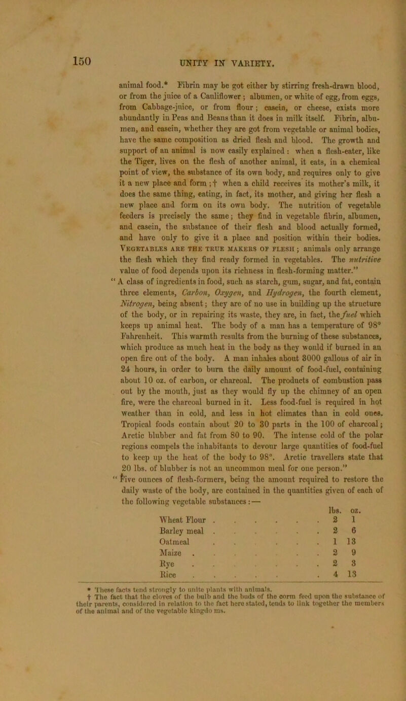 animal food.* Fibrin may be got either by stirring fresh-drawn blood, or from the juice of a Cauliflower; albumen, or white of egg, from eggs, from Cabbage-jnice, or from flour; casein, or cheese, exists more abundantly in Peas and Beans than it does in milk itself. Fibrin, albu- men, and casein, whether they are got from vegetable or animal bodies, have the same composition as dried flesh and blood. The growth and support of an animal is now easily explained : when a flesh-eater, like the Tiger, lives on the flesh of another animal, it eats, in a chemical point of view, the substance of its own body, and requires only to give it a new place and form ; f when a child receives its mother’s milk, it does the same thing, eating, in fact, its mother, and giving her flesh a new place and form on its own body. The nutrition of vegetable feeders is precisely the same; they find in vegetable fibrin, albumen, and casein, the substance of their flesh and blood actually formed, and have only to give it a place and position within their bodies. Vegetables are the true makers of flesh ; animals only arrange the flesh which they find ready formed in vegetables. The nutritive value of food depends upon its richness in flesh-forming matter.” “ A class of ingredients in food, such as starch, gum, sugar, and fat, contain three elements. Carbon, Oxygen, and Hydrogen, the fourth element, Nitrogen, being absent; they are of no use in building up the structure of the body, or in repairing its waste, they are, in fact, the fuel which keeps up animal heat. The body of a man has a temperature of 98° Fahrenheit. This warmth results from the burning of these substances, which produce as much heat in the body as they would if burned in an open fire out of the body. A man inhales about 3000 gallons of air in 24 hours, in order to burn the daily amount of food-fuel, containing about 10 oz. of carbon, or charcoal. The products of combustion pass out by the mouth, just as they would fly up the chimney of an open fire, were the charcoal burned in it. Less food-fuel is required in hot weather than in cold, and less in hot climates than in cold ones. Tropical foods contain about 20 to 30 parts in the 100 of charcoal; Arctic blubber and fat from 80 to 90. The intense cold of the polar regions compels the inhabitants to devour large quantities of food-fuel to keep up the heat of the body to 98°. Arctic travellers state that 20 lbs. of blubber is not an uncommon meal for one person.” “ five ounces of flesh-formers, being the amount required to restore the daily waste of the body, are contained in the quantities given of each of the following vegetable substances:— lbs. oz. Wheat Flour ...... 2 1 Barley meal 2 6 Oatmeal . . . . . 1 13 Maize .... ..29 Rye 2 3 Rice ..... . 4 13 * These facts tend strongly to unite plants with animals. t The fact that the cloves of the bull) and the buds of the onrm feed upon the substance of their parents, considered In relation to the fact hero stated, tends to link together the members of the animal and of the vegetable kingdo ms.