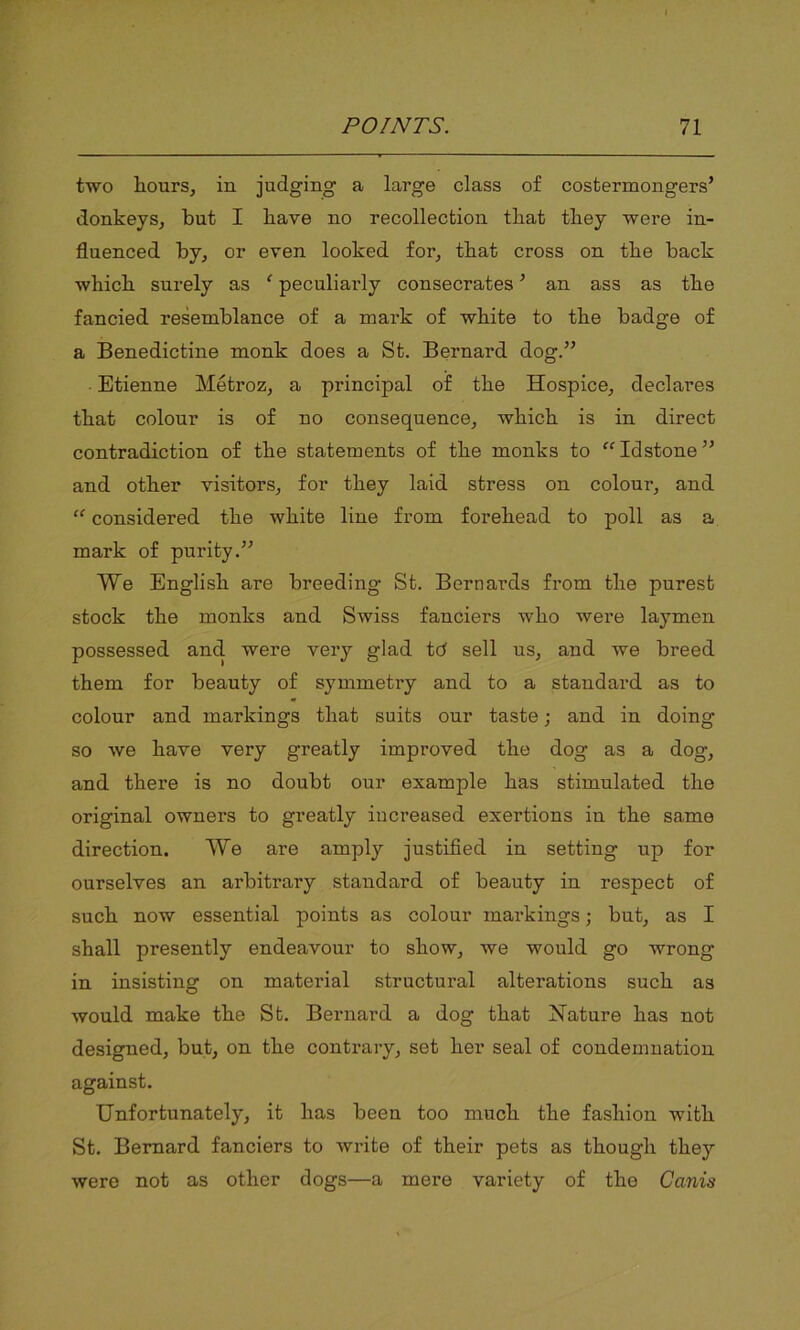 two hours, in judging a large class of costermongers’ donkeys, but I have no recollection that tliey were in- fluenced by, or even looked for, that cross on tbe back which surely as ‘ peculiarly consecrates ’ an ass as the fancied resemblance of a mark of white to the badge of a Benedictine monk does a St. Bernard dog.” Etienne Metroz, a principal of the Hospice, declares that colour is of no consequence, which is in direct contradiction of the statements of the monks to “Idstone” and other visitors, for they laid stress on colour, and “ considered the white line from forehead to poll as a mark of purity.” We English are breeding St. Bernards from the purest stock the monks and Swiss fanciers who were laymen possessed and were very glad td sell us, and we breed them for beauty of symmetry and to a standard as to colour and markings that suits our taste; and in doing so we have very greatly improved the dog as a dog, and there is no doubt our example has stimulated the original owners to greatly increased exertions in the same direction. We are amply justified in setting up for ourselves an arbitrary standard of beauty in respect of such now essential points as colour markings; but, as I shall presently endeavour to show, we would go wrong in insisting on material structural alterations such as would make the St. Bernard a dog that Nature has not designed, but, on the contrary, set her seal of condemnation against. Unfortunately, it has been too much the fashion with St. Bernard fanciers to write of their pets as though they were not as other dogs—a mere variety of the Canis