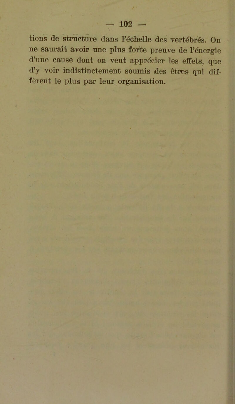 / — 102 — lions de structure dans réchelle des vertébrés. On ne saurait avoir une plus forte preuve de l’énergie d’une cause dont on veut apprécier les effets, que d’y voir indistinctement soumis des êtres qui dif- fèrent le plus par leur organisation.