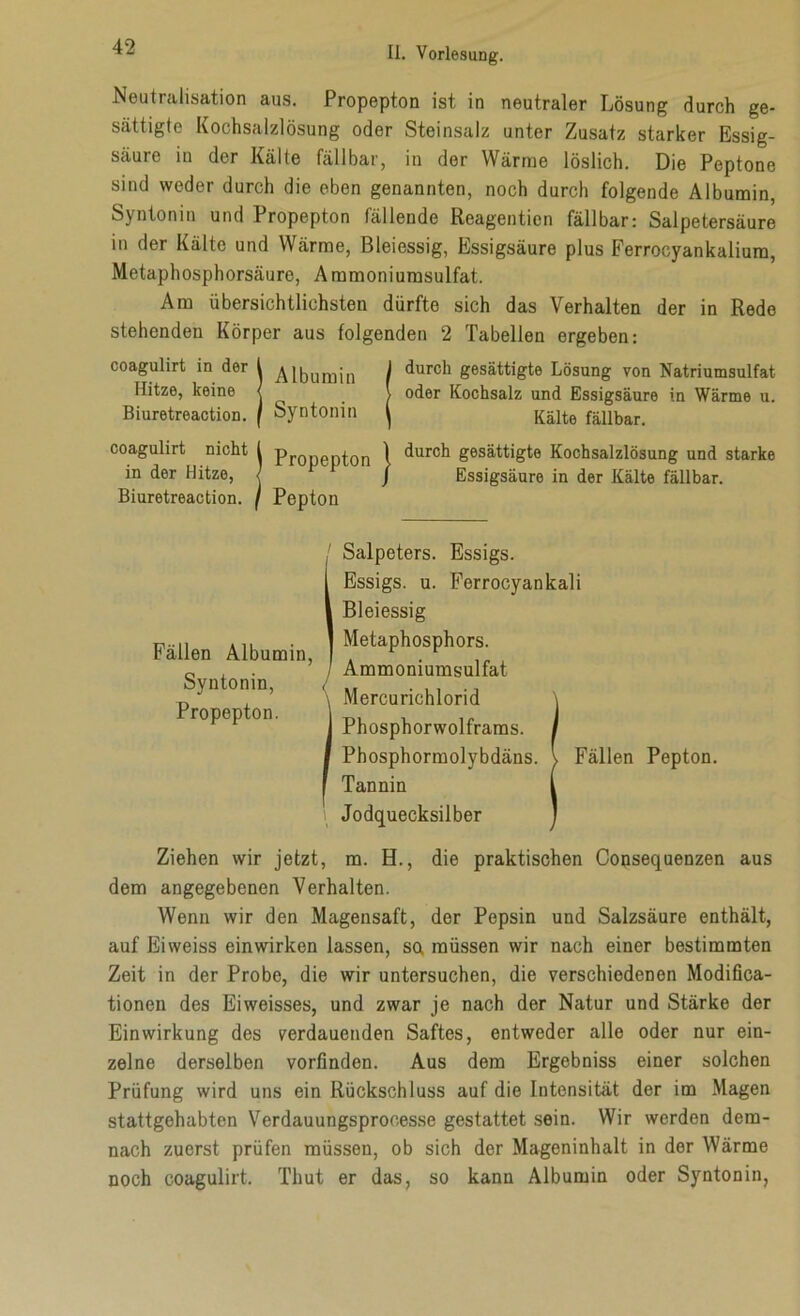 Neutralisation aus. Propepton ist in neutraler Lösung durch ge- sättigte Kochsalzlösung oder Steinsalz unter Zusatz starker Essig- säure in der Kälte fällbar, in der Wärme löslich. Die Peptone sind weder durch die eben genannten, noch durch folgende Albumin, Syntonin und Propepton fällende Reagenticn fällbar: Salpetersäure in der Kälte und Wärme, Bleiessig, Essigsäure plus Ferrocyankaliura, Metaphosphorsäure, Ammoniumsulfat. Am übersichtlichsten dürfte sich das Verhalten der in Rede stehenden Körper aus folgenden 2 Tabellen ergeben: coagulirt in der l Albumin / durch gesättigte Lösung von Natriumsulfat Hitze, keine < > oder Kochsalz und Essigsäure in Wärme u. Biuretreaction. \ Syntonin ^ Kälte fällbar ° durch gesättigte Kochsalzlösung und starke Ziehen wir jetzt, m. H., die praktischen Coqsequenzen aus dem angegebenen Verhalten. Wenn wir den Magensaft, der Pepsin und Salzsäure enthält, auf Eiweiss einwirken lassen, so, müssen wir nach einer bestimmten Zeit in der Probe, die wir untersuchen, die verschiedenen Modifica- tionen des Eiweisses, und zwar je nach der Natur und Stärke der Einwirkung des verdauenden Saftes, entweder alle oder nur ein- zelne derselben vorfinden. Aus dem Ergebniss einer solchen Prüfung wird uns ein Rückschluss auf die Intensität der im Magen stattgehabten Verdauungsprocesse gestattet sein. Wir werden dem- nach zuerst prüfen müssen, ob sich der Mageninhalt in der Wärme noch coagulirt. Thut er das, so kann Albumin oder Syntonin, Essigsäure in der Kälte fällbar. Fällen Albumin Syntonin. I Salpeters. Essigs. I Essigs, u. Ferrocyankali I Bleiessig I Metaphosphors. Ammoniumsulfat \ Mercurichlorid \ Fällen Pepton.