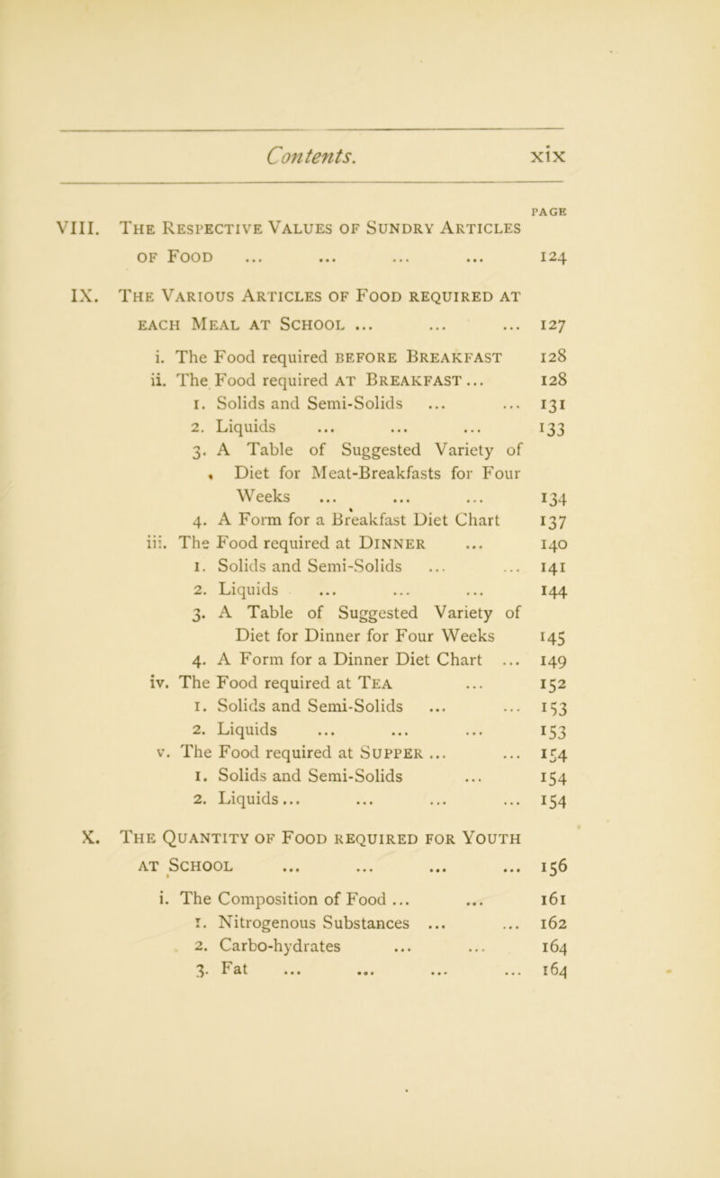 PAGE VIII. The Respective Values of Sundry Articles of Food ... ... ... ... 124 IX. The Various Articles of Food required at each Meal at School ... ... ... 127 i. The Food required before Breakfast 128 ii. The Food required at Breakfast... 128 1. Solids and Semi-Solids ... ... 131 2. Liquids ... ... ... 133 3. A Table of Suggested Variety of « Diet for Meat-Breakfasts for Four Weeks ... ... ... 134 4. A Form for a Breakfast Diet Chart 137 iii. The Food required at Dinner ... 140 1. Solids and Semi-Solids ... ... 141 2. Liquids ... ... ... 144 3. A Table of Suggested Variety of Diet for Dinner for Four Weeks 145 4. A Form for a Dinner Diet Chart ... 149 iv. The Food required at Tea ... 152 1. Solids and Semi-Solids ... ... 153 2. Liquids ... ... ... 153 v. The Food required at Supper ... ... 154 1. Solids and Semi-Solids ... 154 2. Liquids... ... ... ... 154 X. The Quantity of Food required for Youth at School ... ... ... ... 156 i. The Composition of Food ... ... 161 1. Nitrogenous Substances ... ... 162 2. Carbo-hydrates ... ... 164 3. Fat ... ... ... ... 164