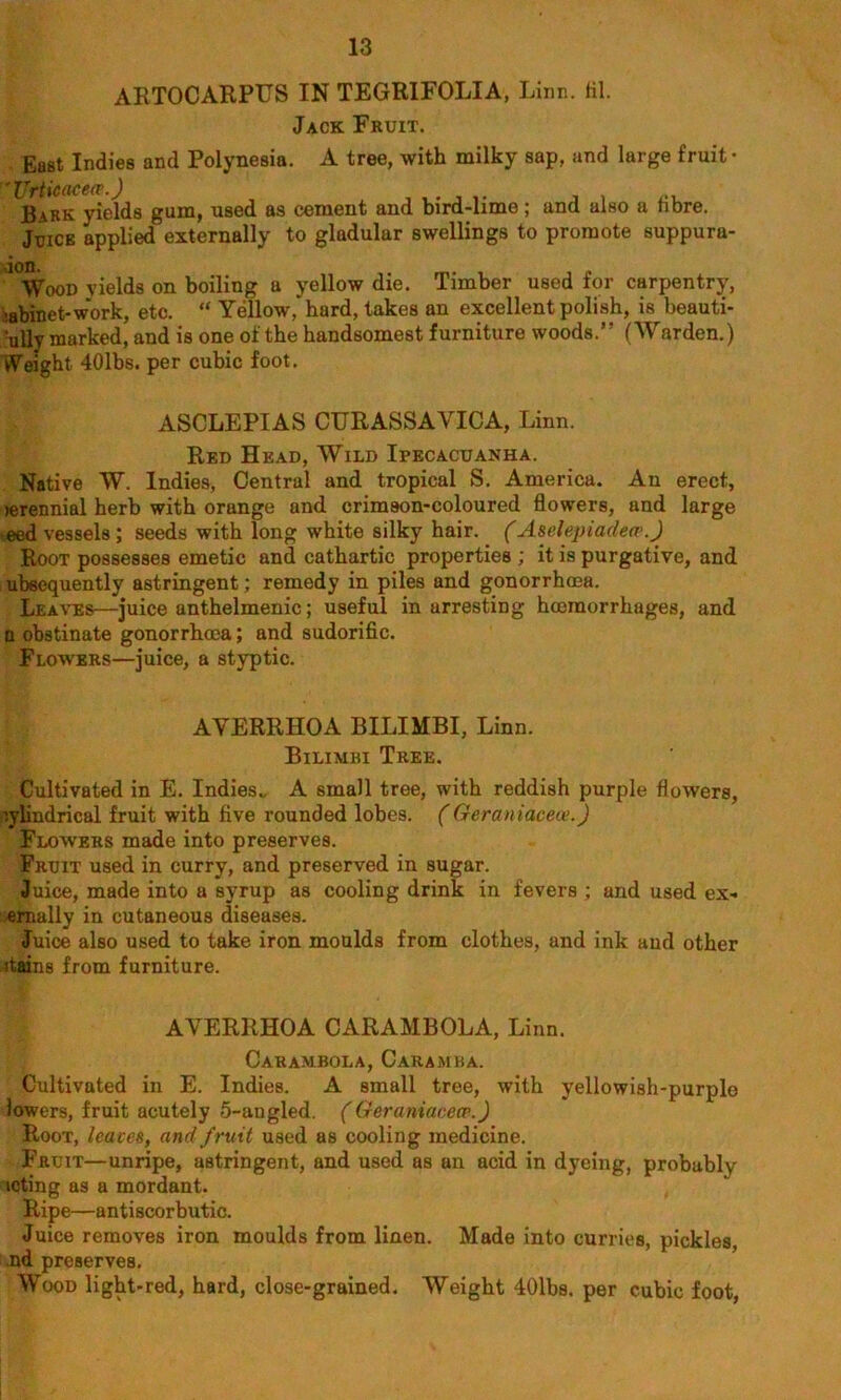 ARTOCARPUS IN TEGRIFOLIA, Linn. HI. Jack Fruit. East Indies and Polynesia. A tree, with milky sap, and large fruit • 'Urticaceop.) Bark yields gum, used as cement and bird-lime; and also a hbre. Juice applied externally to gladular swellings to promote suppura- Wood yields on boiling a yellow die. Timber used for carpentry, !abinet-work, etc. “ Yellow, hard, takes an excellent polish, is beauti- fully marked, and is one of the handsomest furniture woods.” (Warden.) Weight, 401b8. per cubic foot. ASCLEPIAS CURASSAVICA, Linn. Red Head, Wild Ipecacuanha. Native W. Indies, Central and tropical S. America. An erect, lerennial herb with orange and crimson-coloured flowers, and large eed vessels; seeds with long white silky hair. (Aselepiadecp.) Root possesses emetic and cathartic properties ; it is purgative, and ubsequently astringent; remedy in piles and gonorrhoea. Leaves—juice anthelmenic; useful in arresting hoeraorrhages, and a obstinate gonorrhoea; and sudorific. Flowers—juice, a styptic. AYERRHOA BILIMBI, Linn. Bilimki Tree. Cultivated in E. Indies.. A small tree, with reddish purple flowers, ;ylindrical fruit with five rounded lobes. (Geraniacece.) Flowers made into preserves. Fruit used in curry, and preserved in sugar. Juice, made into a syrup as cooling drink in fevers ; and used ex- eroally in cutaneous diseases. Juice also used to take iron moulds from clothes, and ink aud other stains from furniture. AVERRHOA CARAMBOLA, Linn. Carambola, Caramba. Cultivated in E. Indies. A small tree, with yellowish-purplo lowers, fruit acutely 5-angled. (Geraniacece.) Root, leaves, and fruit used as cooling medicine. Fruit—unripe, astringent, and used as an acid in dyeing, probably icting as a mordant. Ripe—antiscorbutic. Juice removes iron moulds from linen. Made into curries, pickles, nd preserves. Wood light-red, hard, close-grained. Weight 401bs. per cubic foot,