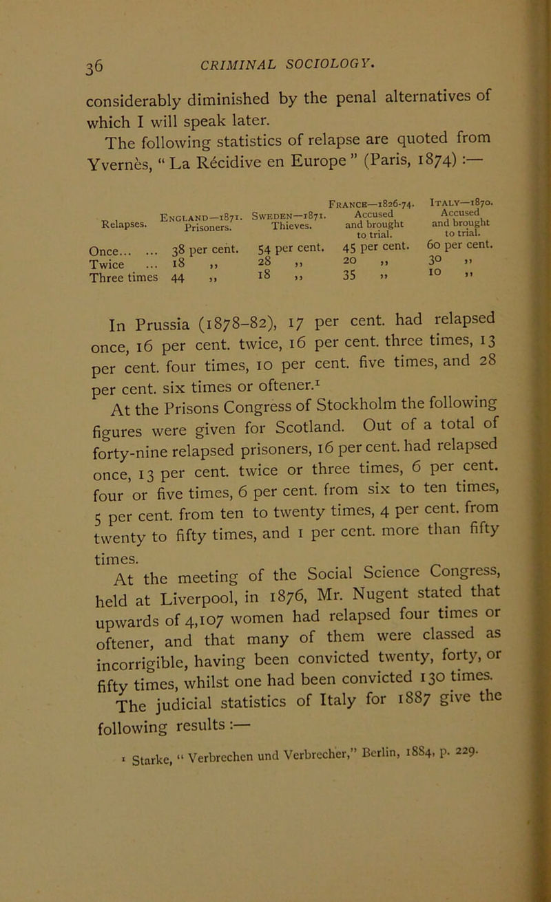 considerably diminished by thè penai alternatìves of which I will speak later. The following statistics of relapse are quoted from Yvernès, “ La Récidive en Europe ” (Paris, 1874) Relapses. England—1871. Prisoners. Once 38 per cent. Twice ... 18 ,, Three times 44 ,, Francb—1826-74. SwEDEN—1871. Accused Thieves. and brought to trial. 54 per cent. 45 per cent. 28 ,, 20 „ 18 ,, 35 )> Italy—1870. Accused and brought to trial. 60 per cent. 30 V IO ,, In Prussia (1878-82), 17 per cent, had relapsed once, 16 per cent, twice, 16 per cent, three times, 13 per cent, four times, io per cent, five times, and 28 per cent, six times or oftener.^ At thè Prisons Congress of Stockholm thè following figures were given for Scotland. Out of a total of forty-nine relapsed prisoners, 16 per cent, had relapsed once, 13 per cent, twice or three times, 6 per cent, four or five times, 6 per cent, from six to ten times, 5 per cent, from ten to twenty times, 4 per cent, from twenty to fifty times, and i per cent, more than fifty times. _ At thè meeting of thè Social Science Congress, held at Liverpool, in 1876, Mr. Nugent stated that upwards of 4,107 women had relapsed four times or oftener, and that many of them were classed as incorrigible, having been convicted twenty, forty, or fifty times, whilst one had been convicted 130 times. The judicial statistics of Italy for 1887 give thè following results ; , starke, “ Verbrechen und Verbrccher,” Berlin, 1884, p. 229.