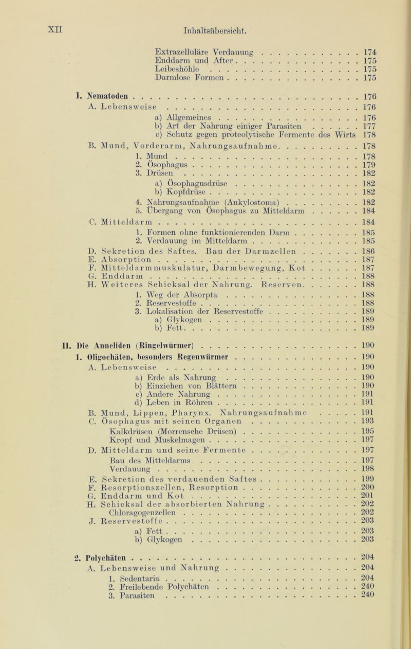 Extrazelluläre Verdauung 174 Enddarm und After 175 Leibeshöhle 175 Darmlose Formen 175 I. Nematoden 176 A. Lebensweise 176 a) Allgemeines 176 b) Art der Nahrung einiger Parasiten 177 c) Schutz gegen proteolytische Fermente des Wirts 178 B. Mund, Vorderarm, Nahrungsaufnahme 178 1. Mund 178 2. Ösophagus 179 3. Drüsen 182 a) Ösophagusdrüse 182 b) Kopfdrüse 182 4. Nahrungsaufnahme (Ankylostoma) 182 5. Übergang von Ösophagus zu Mitteldarm 184 C. Mitteldarm 184 1. Formen ohne funktionierenden Darm 185 2. Verdauung im Mitteldarm 185 D. Sekretion des Saftes. Bau der Darmzellen 186 E. Absorption 187 F. Mitteldarmmuskulatur, Darmbewegung, Kot 187 G. Enddarm 188 H. Weiteres Schicksal der Nahrung. Reserven 188 1. Weg der Absorpta 188 2. Reservestoffe 188 3. Lokalisation der Reservestoffe 189 a) Glykogen 189 b) Fett 189 II. Die Anneliden (Ringelwürmer) 190 1. Oligochäten, besonders Regenwürmer 190 A. Lebensweise 190 a) Erde als Nahrung 190 b) Einziehen von Blättern 190 c) Andere Nahrung 191 d) Leben in Röhren 191 B. Mund, Lippen, Pharynx. Nahrungsaufnahme 191 C. Ösophagus mit seinen Organen 193 Kalkdrüsen (Morrensche Drüsen) 195 Kropf und Muskelmagen 197 D. Mitteldarm und seine Fermente 197 Bau des Mitteldarms 197 Verdauung 198 E. Sekretion des verdauenden Saftes 199 F. Resorptionszellen, Resorption 200 G. End darin und Kot 201 H. Schicksal der absorbierten Nahrung 202 Chloragogenzellen 202 J. Reservestoffe 203 a) Fett 203 b) Glykogen 203 2. Polychäten 204 A. Lebensweise und Nahrung 204 1. Sedentaria 204 2. Freilebende Polychäten 240 3. Parasiten 240