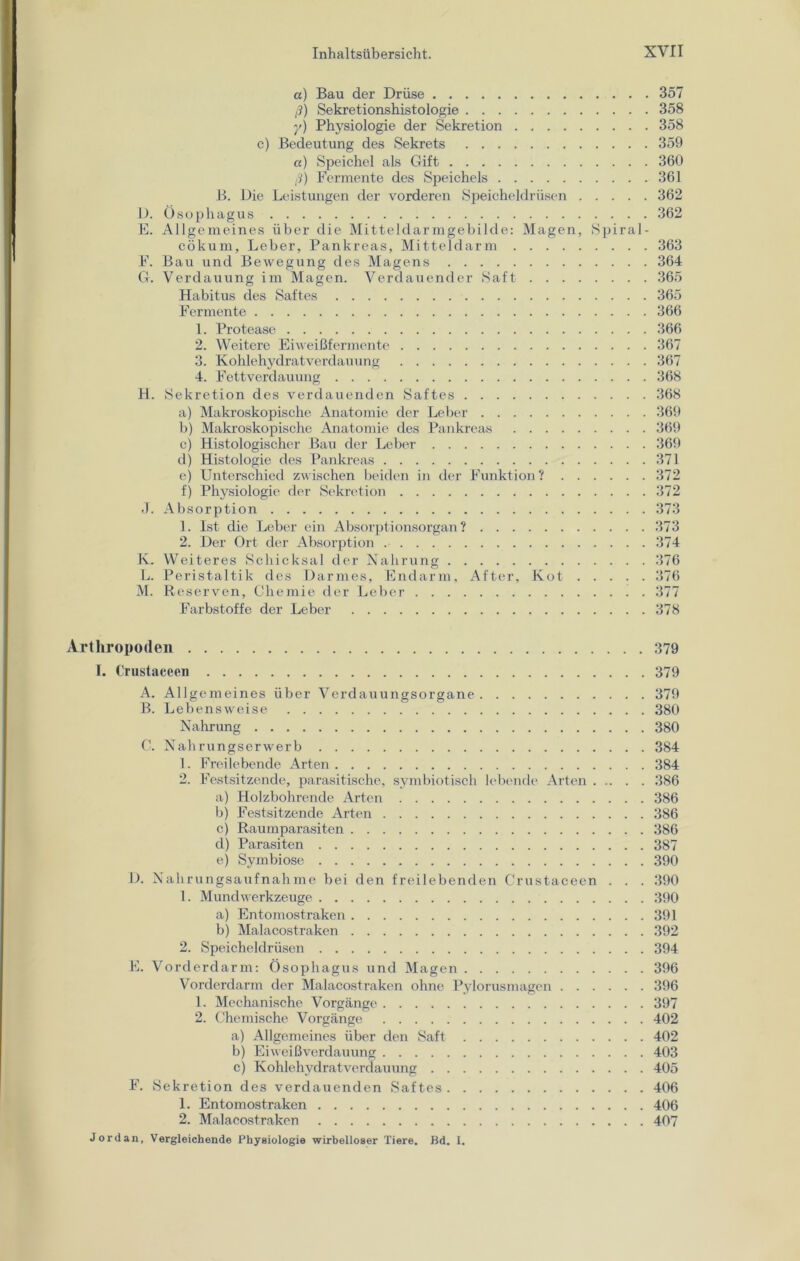 a) Bau der Drüse 357 ß) Sekretionshistologie 358 y) Physiologie der Sekretion 358 c) Bedeutung des Sekrets 359 «) Speichel als Gift 360 ß) Fermente des Speichels 361 B. Die Leistungen der vorderen Speicheldrüsen 362 D. Ösophagus 362 E. Allgemeines über die Mitteldarmgebilde: Magen, Spiral- cökum, Leber, Pankreas, Mitteldarm 363 F. Bau und Bewegung des Magens 364 G. Verdauung im Magen. Verdauender Saft 365 Habitus des Saftes 365 Fermente 366 1. Protease 366 2. Weitere Eiweißfermente 367 3. Kohlehydratverdauung 367 4. Fettverdauung 368 H. Sekretion des verdauenden Saftes 368 a) Makroskopische Anatomie der Leber 369 b) Makroskopische Anatomie des Pankreas 369 c) Histologischer Bau der Leber 369 d) Histologie des Pankreas 371 e) Unterschied zwischen beiden in der Funktion? 372 f) Physiologie der Sekretion 372 J. Absorption 373 1. Ist die Leber ein Absorptionsorgan? 373 2. Der Ort der Absorption 374 K. Weiteres Schicksal der Nahrung 376 L. Peristaltik des Darmes, Endarm, After, Kot 376 M. Reserven, Chemie der Leber 377 Farbstoffe der Leber 378 Arthropoden 379 I. Crustaceen 379 A. Allgemeines über Verdauungsorgane 379 B. Lebensweise 380 Nahrung 380 C. Nahrungserwerb 384 1. Freilebende Arten 384 2. Festsitzende, parasitische, symbiotisch lebende Arten 386 a) Holzbohrende Arten 386 b) Festsitzende Arten 386 c) Raumparasiten 386 d) Parasiten 387 e) Symbiose 390 D. Nahrungsaufnahme bei den freilebenden Crustaceen . . . 390 1. Mundwerkzeuge 390 a) Entomostraken 391 b) Malacostraken 392 2. Speicheldrüsen 394 E. Vorderdarm: Ösophagus und Magen 396 Vorderdarm der Malacostraken ohne Pylorusmagen 396 1. Mechanische Vorgänge 397 2. Chemische Vorgänge 402 a) Allgemeines über den Saft 402 b) Eiweiß Verdauung 403 c) Kohlehydrat Verdauung 405 F. Sekretion des verdauenden Saftes 406 1. Entomostraken 406 2. Malacostraken 407