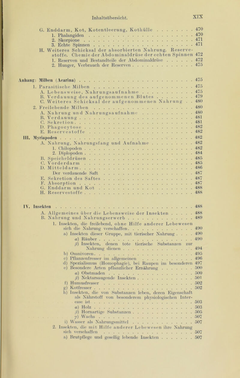 G. Enddarm, Kot, Kotentleerung, Kothülle 470 1. Phalangiden 470 2. Skorpione 471 3. Echte Spinnen 471 H. Weiteres Schicksal der absorbierten Nahrung. Reserve- stoffe. Chemie der Abdominaldrüse der echten Spinnen 472 1. Reserven und Bestandteile der Abdominaldrüse 472 2. Hunger, Verbrauch der Reserven 475 Anhang: Milben (Acarina) 475 1. Parasitische Milben 475 A. Lebensweise, Nahrungsaufnahme 475 B. Verdauung des aufgenommenen Blutes 479 C. Weiteres Schicksal der aufgenommenen Nahrung . . 480 2. Freilebende Milben 480 A. Nahrung und Nahrungsaufnahme 480 B. Verdauung 481 C. Sekretion 481 D. Phagocytose 482 E. Reservestoffe 482 III. Myriapoden 482 A. Nahrung, Nahrungsfang und Aufnahme 482 1. Chilopoden 482 2. Diplopoden . 484 B. Speicheldrüsen 485 C. V o r d e r d a r m 485 D. Mitteldarm 486 Der verdauende Saft 487 E. Sekretion des Saftes 487 F. Absorption 487 G. Enddarm und Kot 488 H. Reservestoffe 488 IV. Insekten 488 A. Allgemeines über die Lebensweise der Insekten 488 B. Nahrung und Nahrungserwerb 489 1. Insekten, die freilebend, ohne Hilfe anderer Lebewesen sich die Nahrung verschaffen 490 a) Insekten dieser Gruppe, mit tierischer Nahrung .... 490 a) Räuber 490 ß) Insekten, denen tote tierische Substanzen zur Nahrung dienen 494 b) Omnivoren 495 c) Pflanzenfresser im allgemeinen 496 d) Spezialismus (Homophagie), bei Raupen im besonderen 497 e) Besondere Arten pflanzlicher Ernährung 500 a) Obstmaden 500 ß) Nektarsaugende Insekten 501 f) Humusfresser 502 g) Kotfresser 502 h) Insekten, die von Substanzen leben, deren Eigenschaft als Nährstoff von besonderem physiologischen Inter- esse ist 503 a) Holz 503 ß) Hornartige Substanzen 505 y.) Wachs 507 i) Wasser als Nahrungsmittel 507 2. Insekten, die mit Hilfe anderer Lebewesen ihre Nahrung sich verschaffen 507 a) Brutpflege und gesellig lebende Insekten 507