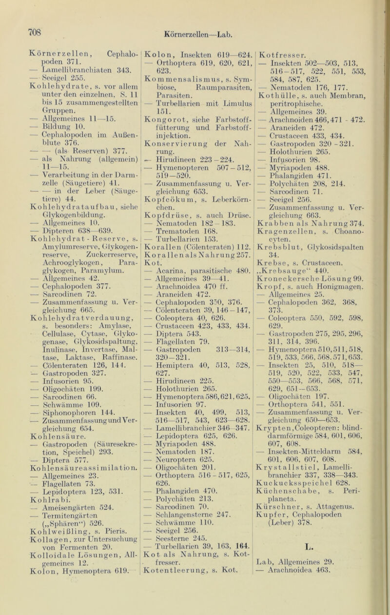 Körnerzellen—Lab. Körner zellen, Cephalo- poden 371. — Lamellibranchiaten 343. — Seeigel 255. Kohlehydrate, s. vor allem unter den einzelnen, 8. 11 bis 15 zusammengestellten Gruppen. — Allgemeines 11—-15. -— Bildung 10. — Cephalopoden im Außen - blute 376. (als Reserven) 377. — als Nahrung (allgemein) 11—15. — Verarbeitung in der Darm- zelle (Säugetiere) 41. in der Leber (Säuge- tiere) 44. K o h 1 e h y d r a t a u f b a u , siehe Glykogenbildung. — Allgemeines 10. — Dipteren 638—639. Kohlehydrat - Reserve, s. Amylumreserve, Glykogen- reserve, Zuckerreserve, Achrooglykogen, Para- glykogen, Paramylum. — Allgemeines 42. — Cephalopoden 377. — Sarcodinen 72. — Zusammenfassung u. Ver- gleichung 665. Koh lehydratverdauung, s. besonders: Amylase, Cellulase, Cytase, Glyko- genase, Glykosidspaltung, Inulinase, Invertase, Mal- tase, Laktase, Raffinase. -— Cölenteraten 126, 144. — Gastropoden 327. — Infusorien 95. — Oligochäten 199. — Sarcodinen 66. — Schwämme 109. — Siphonophoren 144. -— Zusammenfassung und Ver- gleichung 654. Kohlensäure. -— Gastropoden (Säuresekre- tion, Speichel) 293. — Diptera 577. Kohlensäureassimilation. — Allgemeines 23. — Flagellaten 73. -— Lepidoptera 123, 531. Kohlrabi. — Ameisengärten 524. — Termitengärten („Sphären“) 526. Kohlweißling, s. Pieris. Kollagen, zur Untersuchung von Fermenten 20. Kolloidale Lösungen, All- gemeines 12. Kolon, Hymenoptera 619. Kolon, Insekten 619—624. - Orthoptera 619, 620, 621. 623. Kommensalismus, s. Sym- biose, Raumparasiten, Parasiten. - Turbellarien mit Limulus 151. Kongo rot, siehe Farbstoff- fütterung und Farbstoff- injektion. Konservierung der Nah- rung. — Hirudineen 223—224. — Hymenopteren 507 — 512, 519-520. — Zusammenfassung u. Ver- gleichung 653. Kopfcökum, s. Leberkörn- chen. Kopfdrüse, s. auch Drüse. — Nematoden 182 — 183. - Trematoden 168. - Turbellarien 153. Korallen (Cölenteraten) 112. Kor allen als Nahrung 257. Kot. — Acarina, parasitische 480. — Allgemeines 39—4L — Arachnoidea 470 ff. — Araneiden 472. — Cephalopoden 350, 376. — Cölenteraten 39, 146 — 147, — Coleoptera 40, 626. — Crustaceen 423, 433, 434. — Diptera 543. — Flagellaten 79. — Gastropoden 313—314, 320-321. — Hemiptera 40, 513, 528, 627. — Hirudineen 225. — Holothurien 265. — Hymenoptera 586,621,625. — Infusorien 97. — Insekten 40, 499, 513, 516—517, 543, 623—628. — Lamellibranchier 346—347. — Lepidoptera 625, 626. — Myriapoden 488. — Nematoden 187. — Neuroptera 625. — Oligochäten 201. — Orthoptera 516-517, 625, 626. — Phalangiden 470. - Polychäten 213. — Sai’codinen 70. — Schlangensterne 247. - Schwämme 110. — Seeigel 256. — Seesterne 245. - Turbellarien 39, 163, 164. Kot als Nahrung, s. Kot- fresser. Kotentleerung, s. Kot. Kotfresser. — Insekten 502—503, 513, 516-517, 522, 551, 553, 584, 587, 625. — Nematoden 176, 177. Kothülle, s. auch Membran, peritrophisehe. — Allgemeines 39. - Arachnoiden 466,471 - 472. — Araneiden 472. — Crustaceen 433, 434. — Gastropoden 320 -321. — Holothurien 265. — Infusorien 98. - Myriapoden 488. — Phalangiden 471. — Polychäten 208, 214. — Sarcodinen 71. — Seeigel 256. -— Zusammenfassung u. Ver- gleichung 663. Krabben als Nahrung 374. Kragenzellen, s. Choano- cvten. Krebsblut, Glykosidspalten 34. Krebse, s. Crustaceen. „Krebsauge“ 440. Kroneckersche Lösung 99. Kropf, s. auch Honigmagen. — Allgemeines 25. — Cephalopoden 362, 368, 373. — Coleoptera 550, 592, 598, 629. — Gastropoden 275, 295, 296, 311, 314, 396. — Hymenoptera 510,511,518, 519, 533, 566,568.571,653. — Insekten 25, 510, 518—- 519, 520, 522, 533, 547, 550—553. 566, 568, 571, 629, 651-653. — Oligochäten 197. — Orthoptera 541, 551. — Zusammenfassung u. Ver- gleichung 650—653. Krypten.Coleopteren: blind- darmförmige 584, 601. 606, 607, 608.  —- Insekten-Mitteldarm 584, 601, 606. 607, 608. Krystallstiel, Lamelli- branchier 337, 338—343. Kuckucksspeichel 628. Küchenschabe, s. Peri- planeta. Kürschner, s. Attagenus. Kupfer, Cephalopoden (Leber) 378. L. Lab, Allgemeines 29. — Arachnoidea 463.