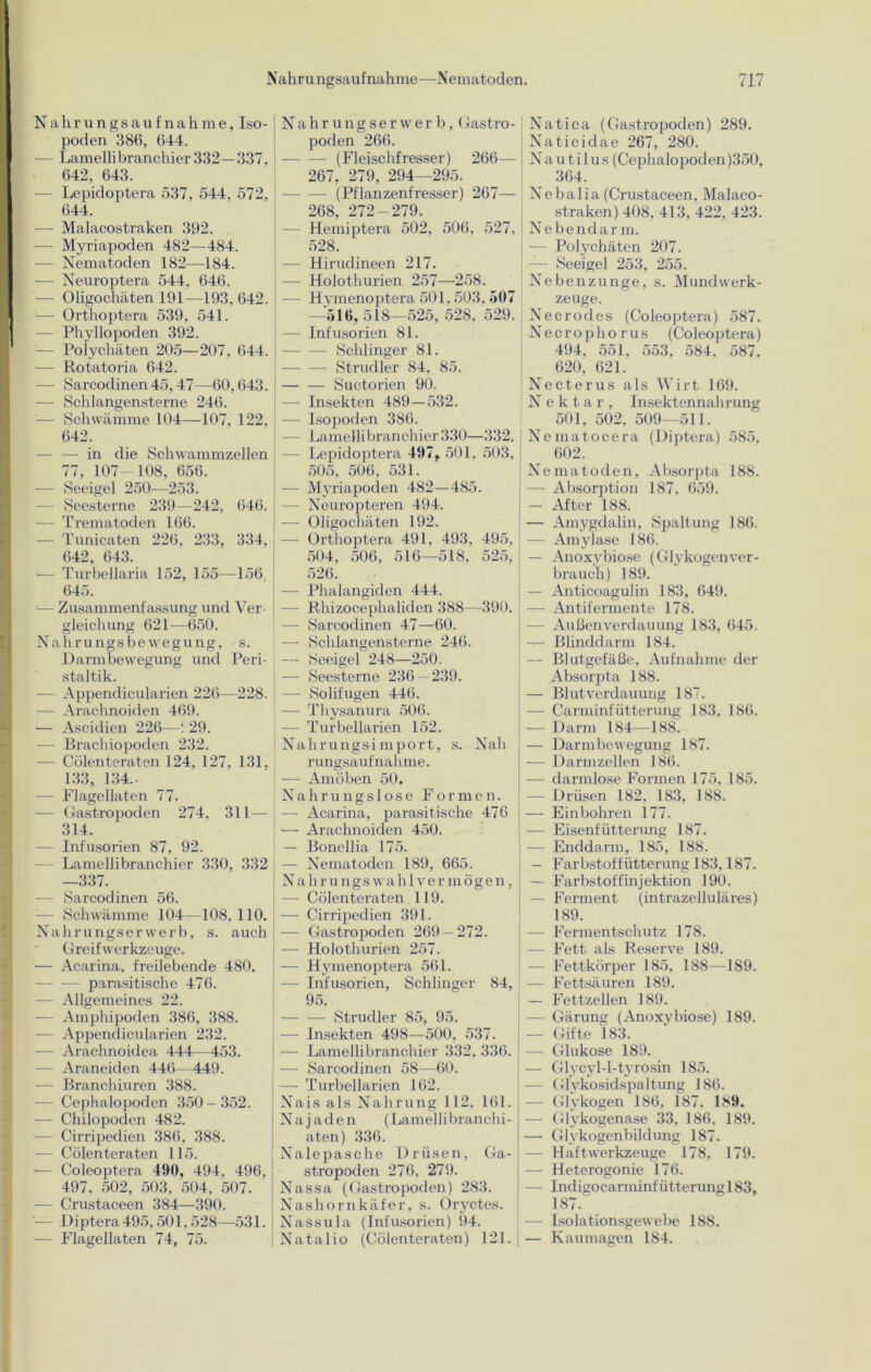 bhrungsaufnahme, Iso- poden 386, 644. Lamellibranchier 332—337, 642, 643. Lepidoptera 537, 544, 572, 644. Malacostraken 392. Myriapoden 482—484. Nematoden 182—-184. Neuroptera 544, 646. Oligochäten 191—193. 642. Orthoptera 539, 541. Phyllopoden 392. Polychäten 205—207, 644. Rotatoria 642. Sarcodinen 45,47—60,643. Schlangenstei’ne 246. Schwämme 104—107, 122, 642. — in die Schwammzellen 77, 107-108, 656. Seeigel 250—253. Seesterne 239—242, 646. Trematoden 166. Tunicaten 226, 233, 334, 642, 643. Turbellaria 152, 155—156; 645. Zusammenfassung und Ver- gleichung 621—650. thrungsbe wegung, s. Darmbewegung und Peri- staltik. Appendicularien 226—228. Arachnoiden 469. Ascidien 226—‘ 29. Brachiopoden 232. Cölenteraten 124, 127, 131. 133, 134.. Flagellaten 77. Gastropoden 274, 311— 314. Infusorien 87, 92. Lamellibranchier 330, 332 —337. Sarcodinen 56. Schwämme 104—108. 110. ihrungserwerb, s. auch Greif Werkzeuge. Acarina, freilebende 480. — parasitische 476. Allgemeines 22. Amphipoden 386, 388. Appendicularien 232. Arachnoidea 444—453. Araneiden 446—449. Branchiuren 388. Cephalopoden 350 - 352. Chilopoden 482. Cirripedien 386, 388. Cölenteraten 115. Coleoptera 491), 494, 496, 497, 502, 503, 504, 507. Crustaceen 384—390. Diptera495,501,528—531. Flagellaten 74, 75. j Nahrungserwerb, Gastro- poden 266. (Fleischfresser) 266— 267, 279, 294—295. — (Pflanzenfresser) 267— 268, 272-279. - Hemiptera 502, 506, 527, 528. - Hirudineen 217. - Holothurien 257—258. — Hymenoptera 501,503, 507 —516, 518—525, 528, 529. — Infusorien 81. Schlinger 81. - Strudler 84, 85. Suctorien 90. — Insekten 489—532. — Isopoden 386. Lamellibranchier 330—332. Lepidoptera 497, 501. 503, 505, 506, 531. — Myriapoden 482—485. - Neuropteren 494. — Oligochäten 192. — Orthoptera 491, 493, 495, 504, 506, 516—518. 525, 526. - Phalangiden 444. - Rhizocephaliden 388—390. -—- Sarcodinen 47—60. — Schlangensterne 246. — Seeigel 248—250. — Seesterne 236 — 239. — Solifugen 446. — Thysanura 506. - Turbellarien 152. Nahrungsimport, s. Nah rungsauf nähme, j >— Amöben 50. Nahrungslose Formen. - Acarina, parasitische 476 — Arachnoiden 450. [ — Bonellia 175. — Nematoden 189, 665. Nah rungs wähl vermögen, — Cölenteraten 119. — Cirripedien 391. — Gastropoden 269 — 272. [ — Holothurien 257. — Hymenoptera 561. -—- Infusorien, Schlinger 84, 95. Strudler 85, 95. — Insekten 498—500, 537. — Lamellibranchier 332, 336. — Sarcodinen 58—60. — Turbellarien 162. j Nais als Nahrung 112, 161. Najaden (Lamellibranchi- aten) 336. Nalepasche Drüsen, Ga- stropoden 276, 279. Nassa (Gastropoden) 283. Nashornkäfer, s. Oryctes. N assula (Infusorien) 94. Natal io (Cölenteraten) 121. Natica (Gastropoden) 289. Naticidae 267, 280. Nautilus (Cephalopoden)350, 364. Nebalia (Crustaceen, Malaco- straken) 408, 413, 422, 423. Nebendarm. — Polychäten 207. — Seeigel 253, 255. Nebenzunge, s. Mund Werk- zeuge. Ne er ödes (Coleoptera) 587. Necrophorus (Coleoptera) 494, 551, 553, 584, 587, 620, 621. Necterus als Wirt 169. Nektar, Insektennahrung 501, 502, 509—511. Nematocera (Diptera) 585, 602. Nematoden, Absorpta 188. — Absorption 187, 659. — After 188. — Amygdalin, Spaltung 186. — Amylase 186. — Anoxybiose (Glykogenver- brauch) 189. — Anticoagulin 183, 649. — Antifermente 178. — Außen Verdauung 183, 645. Blinddarm 184. — Blutgefäße, Aufnahme der Absorpta 188. — Blutverdauung 187. — Carminfütterung 183, 186. — Darm 184—188. — Darmbewegung 187. — Darmzellen 186. — darmlose Formen 175, 185. Drüsen 182. 183, 188. — Einbohren 177. — Eisenfütterung 187. — Enddarm, 185, 188. — Farbstoffütterung 183,187. — Farbstoffinjektion 190. — Ferment (intrazelluläres) 189. — Fermentschutz 178. — Fett als Reserve 189. — Fettkörper 185, 188—189. — Fettsäuren 189. — Fettzellen 189. — Gärung (Anoxvbiose) 189. — Gifte 183. — Glukose 189. — Glycyl-l-tyrosin 185. — Glykosidspaltung 186. — Glykogen 186, 187, 185). -— Glvkogenase 33, 186. 189. —■ Glykogenbildung 187. Haftwerkzeuge 178, 179. — Heterogonie 176. — Indigocarminf ütterungl 83, 187.' — Isolationsgewebe 188. — Kaumagen 184.