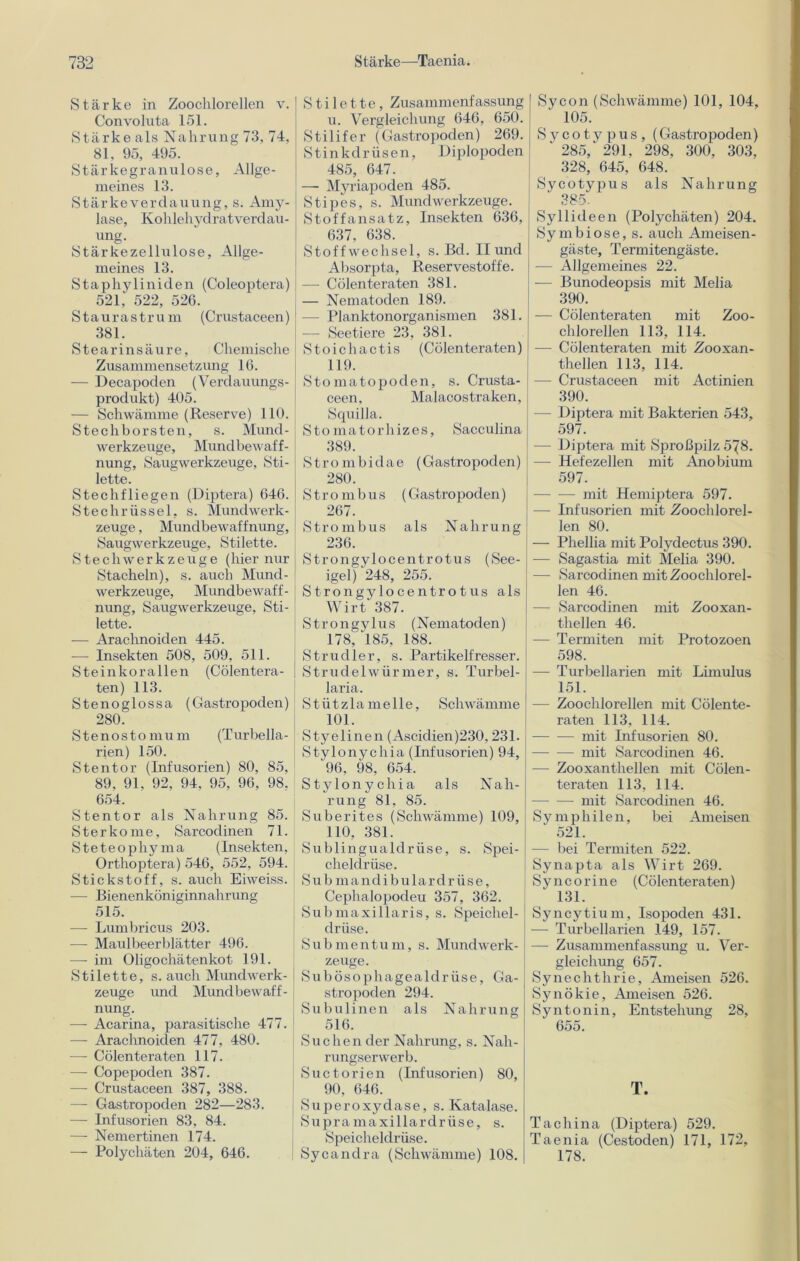 Stärke in Zoochlorellen v. Convoluta 151. Stärke als Nahrung 73, 74, 81, 95, 495. Stärkegranulose, Allge- meines 13. Stärkeverdauung, s. Amy- lase, Kohlehydratverdau- ung. Stärkezellulose, Allge- meines 13. Staphyliniden (Coleoptera) 521; 522, 526. Staurastrum (Crustaceen) 381. Stearinsäure, Chemische Zusammensetzung 16. — Decapoden (Verdauungs- produkt) 405. — Schwämme (Reserve) 110. Stechborsten, s. Mund- werkzeuge, Mundbewaff- nung, Saugwerkzeuge, Sti- lette. Stechfliegen (Diptera) 646. Stechrüssel, s. Mundwerk- zeuge, Mundbewaffnung, Saugwerkzeuge, Stilette. Stechwerkzeuge (hier nur Stacheln), s. auch Mund- werkzeuge, Mundbewaff- nimg, Saugwerkzeuge, Sti- lette. — Arachnoiden 445. -—- Insekten 508, 509, 511. Steinkorallen (Cölentera- ten) 113. Stenoglossa (Gastropoden) 280. Stenostomum (Turbella- rien) 150. Stentor (Infusorien) 80, 85, 89, 91, 92, 94, 95, 96, 98. 654. Stentor als Nahrung 85. Ster ko me, Sarcodinen 71. Steteophyma (Insekten, Orthoptera) 546, 552, 594. Stickstoff, s. auch Eiweiss. — Bienenköniginnahrung 515. — Lumbricus 203. —- Maulbeerblätter 496. — im Oligochätenkot 191. Stilette, s. auch Mund Werk- zeuge und Mundbewaff- nung. — Acarina, parasitische 477. —- Arachnoiden 477, 480. — Cölenteraten 117. — Copepoden 387. — Crustaceen 387, 388. — Gastropoden 282—283. — Infusorien 83, 84. — Nemertinen 174. — Polycliäten 204, 646. Stilette, Zusammenfassung u. Vergleichung 646, 650. Stilifer (Gastropoden) 269. Stinkdrüsen, Diplopoden 485, 647. — Myriapoden 485. Stipes, s. Mundwerkzeuge. Stoffansatz, Insekten 636, 637, 638. Stoffwechsel, s. Bd. II und Absorpta, Reservestoffe. — Cölenteraten 381. — Nematoden 189. —- Planktonorganismen 381. —- Seetiere 23, 381. S toi ch actis (Cölenteraten) 119. Stomatopoden, s. Crusta- ceen, Malacostraken, Squilla. Stomatorhizes, Sacculina 389. Strombidae (Gastropoden) 280. Strombus (Gastropoden) 267. Strombus als Nahrung 236. Strongylocentrotus (See- igel) 248, 255. Strongylocentrotus als Wirt 387. S t r o n g y 1 u s (Nematoden) 178, 185, 188. Strudler, s. Partikelfresser. Strudelwürmer, s. Turbel- laria. Stützlamelle, Schwämme 101. Styelinen (Ascidien)230,231. Stylonychia (Infusorien) 94, 96, 98, 654. Stylonychia als Nah- rung 81, 85. Suberites (Schwämme) 109, 110, 381. Sublingualdrüse, s. Spei- cheldrüse. Sub mandibulardrüse, Cephalopodeu 357, 362. Submaxillaris, s. Speichel- drüse. Submentu m, s. Mundwerk - zeuge. Subösophagealdrüse, Ga- stropoden 294. Subulinen als Nahrung 516. Suchen der Nahrung, s. Nah- rungserwerb. Suctorien (Infusorien) 80, 90, 646. S u p e r o xy d as e, s. Katalase. Supramaxillardrüse, s. Speicheldrüse. Sycandra (Schwämme) 108. Sycon (Schwämme) 101, 104, 105. S y c o t y p u s , (Gastropoden) 285, 291. 298, 300, 303, 328, 645, 648. Sycotypus als Nahrung 385- Syllideen (Polycliäten) 204. Symbiose, s. auch Ameisen- gäste, Termitengäste. — Allgemeines 22. — Bunodeopsis mit Melia 390. — Cölenteraten mit Zoo- chlorellen 113, 114. —- Cölenteraten mit Zooxan- thellen 113, 114. — Crustaceen mit Actinien 390. — Diptera mit Bakterien 543, 597. — Diptera mit Sproßpilz 5^8. — Hefezellen mit Anobium 597. mit Hemiptera 597. — Infusorien mit Zoochlorel- len 80. — Phellia mit Polydectus 390. — Sagastia mit Melia 390. — Sarcodinen mit Zoochlorel- len 46. — Sarcodinen mit Zooxan- thellen 46. — Termiten mit Protozoen 598. — Turbellarien mit Limulus 151. — Zoochlorellen mit Cölente- raten 113, 114. mit Infusorien 80. — — mit Sarcodinen 46. — Zooxanthellen mit Cölen- teraten 113, 114. mit Sarcodinen 46. Symphilen, bei Ameisen 521. — bei Termiten 522. Synapta als Wirt 269. Syncorine (Cölenteraten) 131. Syncytium, Isopoden 431. — Turbellarien 149, 157. — Zusammenfassung u. Ver- gleichung 657. Synechthrie, Ameisen 526. Synökie, Ameisen 526. Syntonin, Entstehung 28, 655. T. Tachina (Diptera) 529. Taenia (Cestoden) 171, 172, 178.