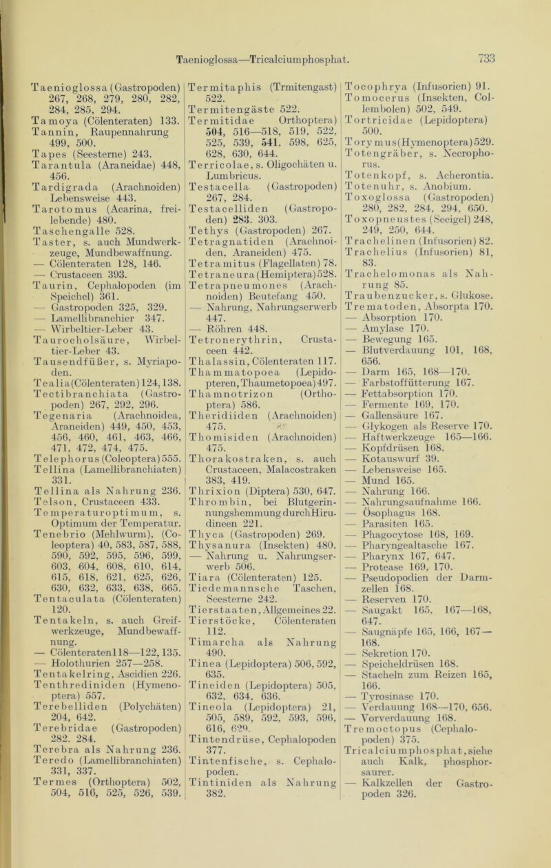 Taenioglossa (Gast.ropoden) 267, 268, 279, 280, 282, 284, 285, 294. Tamoya (Cölenteraten) 133. Tannin, Raupennahrung 499, 500. Tapes (Seesterne) 243. Tarantula (Araneidae) 448, 456. Tardigrada (Araclmoiden) Lebensweise 443. Tarotomus (Acarina, frei- lebende) 480. Taschengalle 528. Taster, s. auch Mundwerk - zeuge, Mundbewaffnung. — Cölenteraten 128, 146. — Crustaceen 393. Taurin, Cephalopoden (im Speichel) 361. — Gastropoden 325, 329. — Lamellibranchier 347. — Wirbeltier-Leber 43. Taurocholsäure, Wirbel- tier-Leber 43. Tausendfüßer, s. Myriapo- den. Tealia (Cölenteraten) 124,138. Tectibranchiata (Gastro- poden) 267, 292, 296. Tegenaria (Arachnoidea, Araneiden) 449, 450, 453, 456, 460, 461, 463, 466, 471, 472, 474, 475. Telephorus (Coleoptera) 555. Tellina (Lamellibranchiaten) 331. Tellina als Nahrung 236. Telson, Crustaceen 433. Temperaturoptimum, s. Optimum der Temperatur. Tenebrio (Mehlwurm), (Co- leoptera) 40, 583, 587, 588, 590, 592, 595, 596, 599, 603, 604, 608, 610, 614, 615, 618, 621. 625, 626, 630, 632, 633, 638, 665. Tentaculata (Cölenteraten) 120. Tentakeln, s. auch Greif- werkzeuge, Mundbewaff- nung. — Cölenteraten] 18—122,135. — Holothurien 257—258. Tentakelring, Ascidien 226. Tenthrediniden (Hymeno- ptera) 557. Terebelliden (Polychäten) 204, 642. Terebridae (Gastropoden) 282. 284. Terebra als Nahrung 236. Tereclo (Lamellibranchiaten) 331, 337. Termes (Orthoptera) 502, 504, 516, 525, 526, 539. Termitaphis (Trmitengast) 522. Termitengäste 522. Termitidae Orthoptera) 504, 516—518, 519, 522, 525, 539, 541. 598, 625, 628, 630, 644. Terricolae, s. Oligochäten u. Lumbricus. Testacella (Gastropoden) 267, 284. Testacelliden (Gastropo- den) 283. 303. Tethys (Gastropoden) 267. T e t r a g na tid e n (Arachnoi- den, Araneiden) 475. Tetramitus (Flagellaten) 78. Tetraneu r a (Hemiptera) 528. Tetrapneu mones (Arach- noiden) Beutefang 450. — Nahrung, Nahrungserwerb 447. — Röhren 448. Tetronery thrin, Crusta- ceen 442. Thalass in, Cölenteraten 117. Thammatopoea (Lepido- pteren, Thaumetopoea) 497. Thamnotrizon (Ortho- ptera) 586. T heridiiden (Araclmoiden) 475. Thomisiden (Araclmoiden) 475. Thorakostraken, s. auch Crustaceen, Malacostraken 383 419. Thrixion (Diptera) 530, 647. Thrombin, bei Blutgerin- nungshemmung durchHiru- dineen 221. Tliyca (Gastropoden) 269. Thysanura (Insekten) 480. — Nahrung u. Nahrungser- werb 506. Tiara (Cölenteraten) 125. Tiede mannsche Taschen, Seesterne 242. Tierstaaten, Allgemeines 22. Tierstöcke, Cölenteraten 112. Timarcha als Nahrung 490. Tinea (Lepidoptera) 506,592, 635. Tineiden (Lepidoptera) 505, 632, 634, 636. Tineola (Lepidoptera) 21, 505, 589, 592, 593, 596, 616, 629. Tintendrüse, Cephalopoden 377. Tintenfische, s. Cephalo- poden. Tintiniden als Nahrung 382. Tocophrya (Infusorien) 91. Tomocerus (Insekten, Col- lembolen) 502, 549. Tortricidae (Lepidoptera) 500. T o ry m u s (Hymenoptera) 529. Totengräber, s. Necropho- rus. Totenkopf, s. Acherontia. Totenuhr, s. Anobium. Toxoglossa (Gastropoden) 280, 282, 284, 294, 650. Toxopneustes (Seeigel) 248, 249, 250, 644. Trachelinen (Infusorien) 82. Trachelius (Infusorien) 81, 83. Trachelomonas als Nah- rung 85. Traubenzucker,s. Glukose. Trematoden, Absorpta 170. — Absorption 170. — Amylase 170. — Bewegung 165. — Blutverdauung 101, 168, 656. — Darm 165, 168—170. — Farbstoffütterung 167. — Fettabsorption 170. — Fermente 169, 170. — Gallensäure 167. — Glykogen als Reserve 170. - Haftwerkzeuge 165—166. —- Kopfdrüsen 168. — Kotauswurf 39. — Lebensweise 165. — Mund 165. — Nahrung 166. — Nahrungsaufnahme 166. — Ösophagus 168. — Parasiten 165. — Phagocytose 168, 169. — Pharyngealtasche 167. — Pharynx 167, 647. — Protease 169. 170. — Pseudopodien der Darrn- zellen 168. — Reserven 170. — Saugakt 165. 167—168, 647. — Saugnäpfe 165, 166, 167 — 168.' — Sekretion 170. — Speicheldrüsen 168. — Stacheln zum Reizen 165, 166. — Tvrosinase 170. — Verdauung 168—170, 656. — Vorverdauung 168. Tremoctopus (Cephalo- poden) 375. Tricalciu m pliosphat, siehe auch Kalk, phosphor- saurer. — Kalkzellen der Gastro- poden 326.