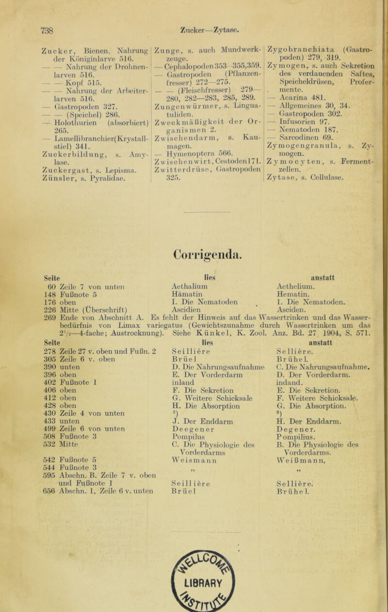 788 Zucker—Zytase. Zucker, Bienen, Nahrung der Königinlarve 5IG. - Nahrung der Drohnen- 1 larven 516. Kopf 515. — -— Nahrung der Arbeiter- larven 516. — Gastropoden 327. (Speichel) 286. — Holothurien (absorbiert) 265. - Lamellibranchier( Krystal 1 - stiel) 341. Zuckerbildung, s. Amy- lase. Zucker gast, s. Lepisma. Zünsler, s. Pyralidae. Zunge, s. auch Mund Werk- zeuge. — Cephalopoden 353 -355,359. — Gastropoden (Pflanzen- fresser) 272—275. __ — (Fleischfresser) 279— 280, 282—283, 285, 289. Zungenwürmer, s. Lingua- tuliden. Zweckmäßigkeit der Or- ganismen 2. Zwischendarm, s. Kau- magen. — Hymenoptera 566. Zwischenwirt, Cestoden 171. Z witterdrüse, Gastropoden 325. Zygobranchiata (Gastro- poden) 279, 319. Zymögen, s. auch Sekretion des verdauenden Saftes, Speicheldrüsen, Profer- mente. — Acarina 481. — Allgemeines 30, 34. - Gastropoden 302. — Infusorien 97. — Nematoden 187. — Sarcodinen 69. Zymogengranula, s. Zv- mogen. Z y m o c y t en , s. Ferment- zellen. Zytase, s. Cellulase. Corrigenda. 148 176 226 269 lies Aethalium Hämatin I. Die Nematoden Ascidien Es fehlt der Hinweis auf Seite 60 Zeile 7 von unten Fußnote 5 oben Mitte (Überschrift) Ende von Abschnitt A. bedürfnis von Limax variegatus (Gewichtszunahme durch Wassertrinken um 2lA—4-fache; Austrocknung). Siehe Künkel, K. Zool. Anz. Bd. 27 1904, S. anstatt Aethelium. Hematin. 1. Die Nematoden. Asciden. das Wassertrinken und das Wasser - das 571. Seite 278 Zeile 27 v. oben und Fußn. 2 305 Zeile 6 v. oben 390 unten 396 oben 402 Fußnote 1 406 oben 412 oben 428 oben 430 Zeile 4 von unten 433 unten 499 Zeile 6 von unten 508 Fußnote 3 532 Mitte 542 Fußnote 5 544 Fußnote 3 595 Abschn. B. Zeile 7 v. oben und Fußnote 1 656 Abschn. 1, Zeile 6 v. unten lies Sei liiere B r ü e 1 D. Die Nahrungsaufnahme E. Der Vorderdarm inland F. Die Sekretion G. Weitere Schicksale H. Die Absorption 3) J. Der Enddarm Deegener Pompilus C. Die Physiologie des Vorderdarms Weismann Seill iere B r ii e 1 anstatt Se liiere. B r ü h e 1. C. Die Nahrungsaufnahme. D. Der Vorderdarm, indand. E. Die Sekretion. F. Weitere Schicksale. G. Die Absorption. 8) H. Der Enddarm. Degener. P ompilius. B. Die Physiologie des Vorderdarms. W eißman n, Sei liere. Br iihe 1. LIBRARY