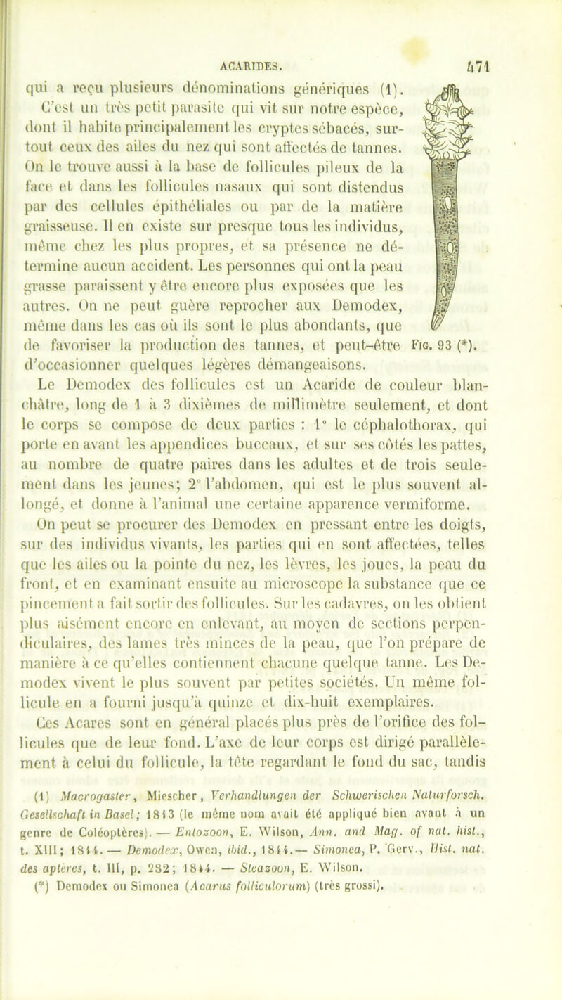 qui a reçu plusieurs dénominations génériques (1). C'est un très petit parasite qui vit sur notre espèce, dont il habite principalement les cryptes sébacés, sur- tout ceux des ailes du nez qui sont affectés de tannes. On le trouve aussi à la base de follicules pileux de la face et dans les follicules nasaux qui sont distendus par des cellules épithéliales ou par de la matière graisseuse. 11 en existe sur presque tous les individus, même chez les plus propres, et sa présence ne dé- IgS termine aucun accident. Les personnes qui ont la peau US grasse paraissent y être encore plus exposées que les |w autres. On ne peut guère reprocher aux Demodex, M même dans les cas où ils sont le plus abondants, que W de favoriser la production des tannes, et peut-être Fig. 93 (*). d’occasionner quelques légères démangeaisons. Le Demodex des follicules est un Acaride de couleur blan- châtre, long de 1 à 3 dixièmes de millimètre seulement, et dont le corps se compose de deux parties : 1“ le céphalothorax, qui porte en avant les appendices buccaux, et sur ses côtés les pattes, au nombre de quatre paires dans les adultes et de trois seule- ment dans les jeunes; 2° l’abdomen, qui est le plus souvent al- longé, et donne à l’animal une certaine apparence vermiforme. On peut se procurer des Demodex en pressant entre les doigts, sur des individus vivants, les parties qui en sont affectées, telles que les ailes ou la pointe du nez, les lèvres, les joues, la peau du front, et en examinant ensuite au microscope la substance que ce pincement a fait sortir des follicules. Sur les cadavres, on les obtient plus aisément encore en enlevant, au moyen de sections perpen- diculaires, des lames très minces de la peau, que l’on prépare de manière à ce qu’elles contiennent chacune quelque tanne. Les De- modex vivent le plus souvent par petites sociétés. Un même fol- licule en a fourni jusqu’à quinze et dix-huit exemplaires. Ces Acares sont en général placés plus près de l’orifice des fol- licules que de leur fond. L’axe de leur corps est dirigé parallèle- ment à celui du follicule, la tête regardant le fond du sac, tandis (1) Macrogaster, Miescher, Vcrhandlungen der Schwerischen Nalurforsch. Gesellschaft in Basel ; 18i3 (le même nom avait été appliqué bien avant à un genre de Coléoptères).— Enlozoon, E. Wilson, /lnrï. and Mag. of nul. hist., t. XIII; 18 i i. — Demodex, Owcn, ibid., 1814.— Simonca, P. ’Gcrv., Ilist. nal. des aptères, t. 111, p. 282; 18 4 4. — Stcazoon, E. Wilson. (*) Demodex ou Simonea (Acarus folticulorum) (très grossi).