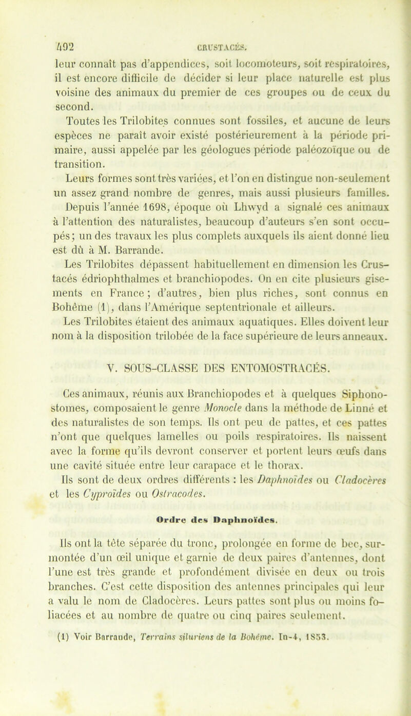 leur connaît pas d’appendices, soit locomoteurs, soit respiratoires, il est encore ditiicile de décider si leur place naturelle est plus voisine des animaux du premier de ces groupes ou de ceux du second. Toutes les Trilobites connues sont fossiles, et aucune de leurs espèces ne parait avoir existé postérieurement k la période pri- maire, aussi appelée par les géologues période paléozoïque ou de transition. Leurs formes sont très variées, et Ton en distingue non-seulement un assez grand nombre de genres, mais aussi plusieurs familles. Depuis Tannée 1698, époque où Lhwyd a signalé ces animaux à l’attention des naturalistes, beaucoup d’auteurs s’en sont occu- pés; un des travaux les plus complets auxquels ils aient donné lieu est dû à M. Barrande. Les Trilobites dépassent habituellement en dimension les Crus- tacés édriophthalmes et branchiopodes. On en cite plusieurs gise- ments en France; d’autres, bien plus riches, sont connus en Bohème (1), dans l’Amérique septentrionale et ailleurs. Les Trilobites étaient des animaux aquatiques. Elles doivent leur nom à la disposition trilobée de la face supérieure de leurs anneaux. V. SOUS-CLASSE DES ENTOMOSTRACÉS. Ces animaux, réunis aux Branchiopodes et k quelques Siphono- stomes, composaient le genre Monocle dans la méthode de Linné et des naturalistes de son temps. Ils ont peu de pattes, et ces pattes n’ont que quelques lamelles ou poils respiratoires. Us naissent avec la forme qu’ils devront conserver et portent leurs œufs dans une cavité située entre leur carapace et le thorax. Ils sont de deux ordres différents : les Daphnoïdes ou Cladocères et les Cypro'ides ou Os/racodes. Ordre (les Daphnoïdes. Us ont la tète séparée du tronc, prolongée en forme de bec, sur- montée d’un œil unique et garnie de deux paires d’antennes, dont Tune est très grande et profondément divisée en deux ou trois branches. C’est celte disposition des antennes principales qui leur a valu le nom de Cladocères. Leurs pattes sont plus ou moins fo- liacées et au nombre de quatre ou cinq paires seulement. (I) Voir lîarraude, Terrains siluriens (le la Bohème. In-4, IS53.