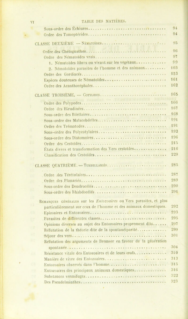 Sous-ordre des Échiurcs 9* Ordre des Tomoptéridcs 9* CLASSE DEUXIÈME — Néhatoïdes 95 Ordre des Chétognathes 96 Ordre des Nématoïdes vrais 97 1. Nématoïdes libres ou vivant sur les végétaux 99 2. Nématoïdes parasites de l’homme et des animant 103 Ordre des Gordiacés 153 Espèces douteuses de Nématoïdes 161 Ordre des Acauthocéphales 162 CLASSE TROISIÈME. — Cotylidbs 165 Ordre des Polypodes 166 Ordre des Hirudinées 167 Sous-ordre des Bdellaires 168 Sous-ordre des Malacobdelles.. . 191 Ordre des Trématodes • • • 191 Sous-ordre des Polycolylaires - 192 Sous-ordre des Distomaires 196 Ordre des Cestoïdes 215 États divers et transformation des Vers cestoïdes 216 Classification des Cestoïdes 229 CLASSE QUATRIÈME.— Tubbellabiés 285 Ordre des Térétulaires 287 Ordre des Planariés 289 Sous-ordre des Dendrocélés 290 Sous-ordre des Rhabdocélés 291 Remarques générales sur les Entozoaires ou Vers parasites, et plus particulièrement sur ceux do l'homme et des animaux domestiques. 292 Epizoaires et Entozoaires 293 Parasites de différentes classes 295 Opinions diverses au sujet des Entozoaires proprement dits 297 Réfutation de la théorie dite de la sponlanéiparité 299 Séjour des vers 301 Réfutation des arguments de Bremser en faveur de la géuération spontanée 304 Résistance vitale des Entozoaires et de leurs œufs 310 Manière de vivre des Entozoaires 313 Entozoaires observés dans l’homme 315 Entozoaires des principaux animaux domestiques 316 Substances vermifuges 322 Des Pseudelminthcs 323