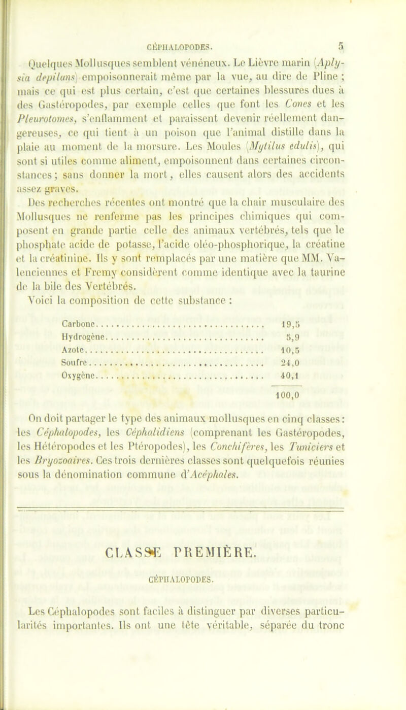 Quelques Mollusques semblent vénéneux. Le Lièvre marin [Aply- sia depiluns) empoisonnerait môme par la vue, au dire de Pline ; mais ce qui est plus certain, c’est que certaines blessures dues à des Gastéropodes, par exemple celles que font les Cotics et les Pleurotomes, s’enflamment et paraissent devenir réellement dan- gereuses, ce qui tient à un poison que l’animal distille dans la plaie au moment de la morsure. Les Moules (.Mytilus edulis), qui sont si utiles comme aliment, empoisonnent dans certaines circon- stances; sans donner la mort, elles causent alors des accidents assez graves. Des recherches récentes ont montré que la chair musculaire des Mollusques ne renferme pas les principes chimiques qui com- posent en grande partie celle des animaux vertébrés, tels que le phosphate acide de potasse, l’acide oléo-phosphorique, la créatine et la créatinine. Ils y sont remplacés par une matière que MM. Va- lenciennes et Fremy considèrent comme identique avec la taurine de la bile des Vertébrés. Voici la composition de cette substance : Carbone 19,5 Hydrogène 5,9 Azote 10,5 Soufre 24,0 Oxygène 40,1 100,0 On doit partager le type des animaux mollusques en cinq classes: les Céphalopodes, les Céphalidiens (comprenant les Gastéropodes, les Hétéropodes et les Ptéropodes), les Conclu fèves, les Tuniciers et les Bryozoaires. Ces trois dernières classes sont quelquefois réunies sous la dénomination commune A’Acéphales. CLASSE PREMIÈRE. CÉPHALOPODES. Les Céphalopodes sont faciles à distinguer par diverses particu- larités importantes. Ils ont une tête véritable, séparée du tronc