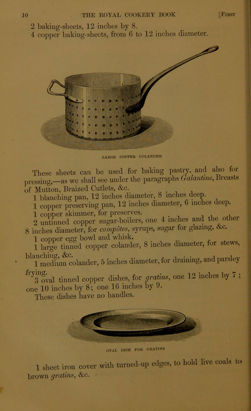 2 baking-sheets, 12 inches by 8. 4 copper baking-sheets, from 6 to 12 inches diameter. ^Toval tinned copper dishes, for gratins, one 12 inches by 7 ; one 10 inches by 8; one 16 inches by 9. These dishes have no handles. OVAL DISH FOR GRATINS 1 sheet iron cover witli turned-up edges, to brown gratins, &c. » hold live coals to r