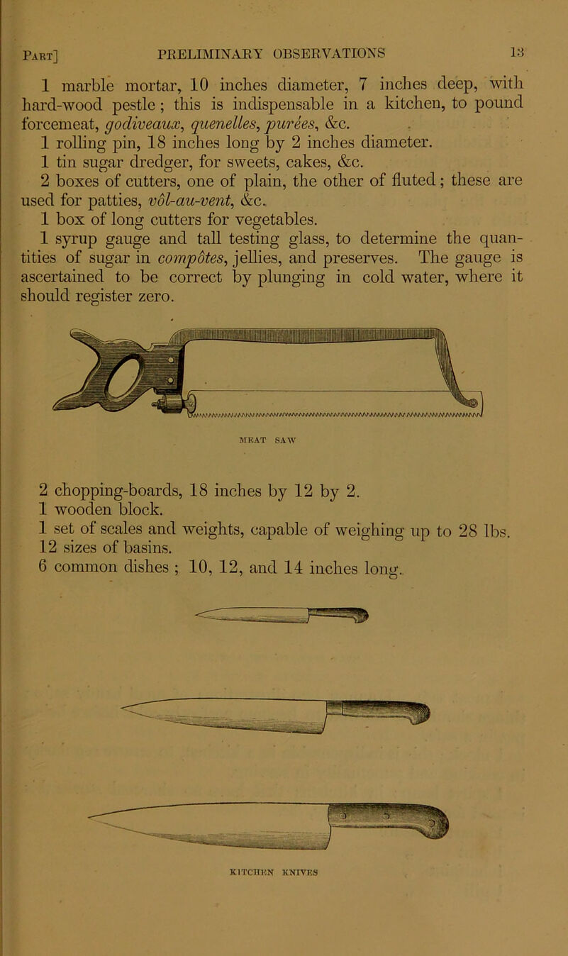 1 marble mortar, 10 inches diameter, 7 inches deep, with hard-wood pestle ; this is indispensable in a kitchen, to pound forcemeat, godiveaux, quenelles, purees, &c. 1 rolling pin, 18 inches long by 2 inches diameter. 1 tin sugar dredger, for sweets, cakes, &c. 2 boxes of cutters, one of plain, the other of fluted; these are used for patties, vol-au-vent, &c., 1 box of long cutters for vegetables. 1 syrup gauge and tall testing glass, to determine the quan- tities of sugar in compotes, jellies, and preserves. The gauge is ascertained to be correct by plunging in cold water, where it should register zero. MEAT SAW 2 chopping-boards, 18 inches by 12 by 2. 1 wooden block. 1 set of scales and weights, capable of weighing up to 28 lbs. 12 sizes of basins. 6 common dishes ; 10, 12, and 14 inches long. KITCHEN KNIVES