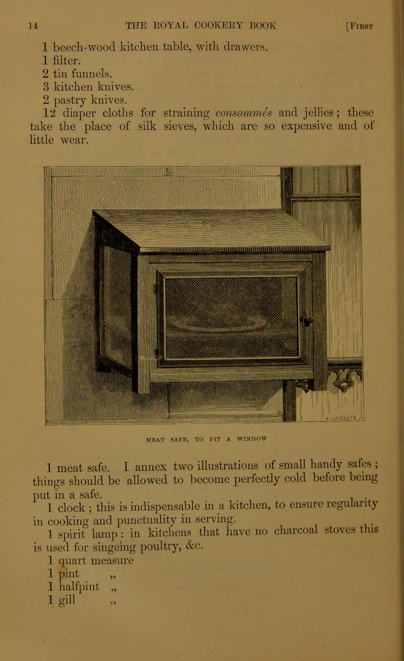 1 beech-wood kitchen table, with drawers. 1 filter. 2 tin funnels. 3 kitchen knives. 2 pastry knives. 12 diaper cloths for straining consommes and jellies; these take the place of silk sieves, which are so expensive and of little wear. meat safe, to fit a window 1 meat safe. I annex two illustrations of small handy safes ; things should be allowed to become perfectly cold before being put in a safe. 1 clock ; this is indispensable in a kitchen, to ensure regularity in cooking and punctuality in serving. 1 spirit lamp: in kitchens that have no charcoal stoves this is used for singeing poultry, &c. 1 quart measure 1 pint „ 1 halfpint „ 1 gill