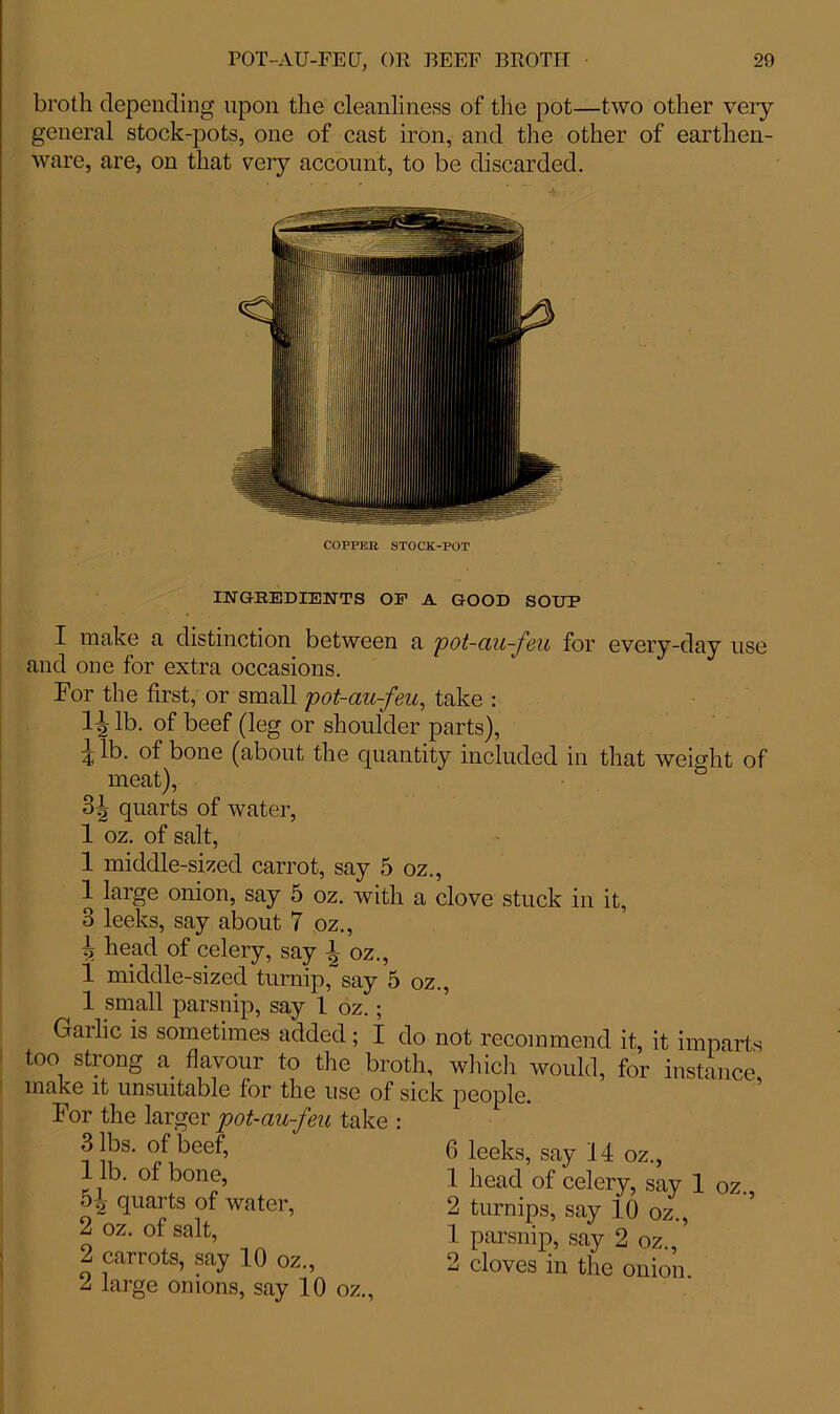 broth depending upon the cleanliness of the pot—two other very general stock-pots, one of cast iron, and the other of earthen- ware, are, on that very account, to be discarded. COPPER STOCK-POT INGREDIENTS OP A GOOD SOUP I make a distinction between a pot-au-feu for every-day use and one for extra occasions. For the first, or small pot-au-feu, take : IjT lb. of beef (leg or shoulder parts), T lb- of bone (about the quantity included in that weight of meat), 3| quarts of water, 1 oz. of salt, 1 middle-sized carrot, say 5 oz., 1 large onion, say 5 oz. with a clove stuck in it, 3 leeks, say about 7 oz., b. head of celery, say 1 oz., 1 middle-sized turnip, say 5 oz., 1 small parsnip, say 1 oz.; Garlic is sometimes added; I do not recommend it, it imparts too strong a flavour to the broth, which would, for instance make it unsuitable for the use of sick people. 6 leeks, say 14 oz., 1 head of celery, say 1 oz., 2 turnips, say 10 oz., 1 parsnip, say 2 oz., 2 cloves in the onion. ror me larger pot-au-feu tak< 3 lbs. of beef, 1 lb. of bone, 5J- quarts of water, 2 oz. of salt, 2 carrots, say 10 oz., 2 large onions, say 10 oz.,