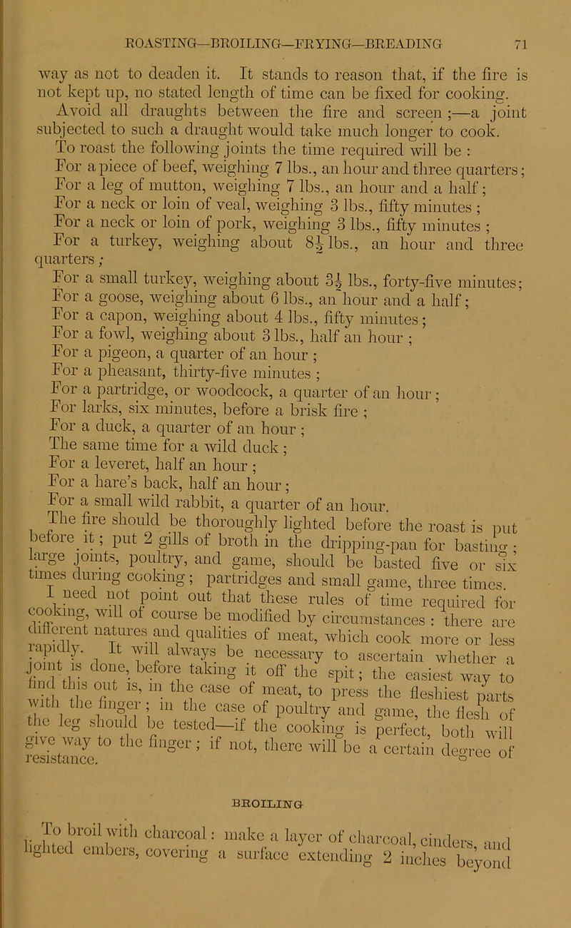 way as not to deaden it. It stands to reason that, if the fire is not kept up, no stated length of time can be fixed for cooking. Avoid all draughts between the fire and screen ;—a joint subjected to such a draught would take much longer to cook. To roast the following joints the time required will be : For apiece of beef, weighing 7 lbs., an hour and three quarters; For a leg of mutton, weighing 7 lbs., an hour and a half; For a neck or loin of veal, weighing 3 lbs., fifty minutes ; For a neck or loin of pork, weighing 3 lbs., fifty minutes ; For a turkey, weighing about 8-f lbs., an hour and three quarters ; For a small turkey, weighing about 34 lbs., forty-five minutes; For a goose, weighing about 6 lbs., an'hour and a half; For a capon, weighing about 4 lbs., fifty minutes; For a fowl, weighing about 3 lbs., half an hour ; For a pigeon, a quarter of an hour ; For a pheasant, thirty-five minutes ; For a partridge, or woodcock, a quarter of an hour; For larks, six minutes, before a brisk fire ; For a duck, a quarter of an hour ; The same time for a wild duck ; For a leveret, half an hour ; For a hare’s back, half an hour; For a small wild rabbit, a quarter of an hour. broiling To broil with charcoal: lighted embers, covering a