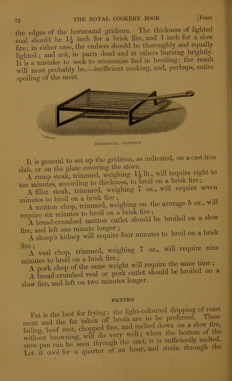 the edges of the horizontal- gridiron. The thickness of lighted coal should be 1| inch for a brisk fire, and 1 inch for a slow fire; in either case, the embers should be thoroughly and equally hedited ; and not, in parts dead and at others burning brightly, if is a mistake to seek to economise fuel in broiling: the result will most probably be,—inefficient cooking, and, perhaps, entire spoiling of the meat. It is general to set up the gridiron, as indicated, on a cast-moil olnb orfm the plate covering the stove. . A rump steak, trimmed, weighing H lb., will require eight to ten minutes, according to thickness, to broil on a brisk ire, A fillet steak, trimmed, weighing 7 oz., will require seven minutes to broil on a brisk fire , •ii A mutton chop, trimmed, weighing on the average 5 oz., will renuire six minutes to broil on n brisk file ; A bread-crumbed mutton cutlet should be broiled on a slow fire and left one minute longer ; A sheep’s kidney will require four minutes to broil on a brisk feA veal chop, trimmed, weighing 7 oz., will require nine ™A^rk cto'oTthe^me wtiglit will require the same time ; 1 bread-crumbed veal or po?k cutlet should be broiled on a slow lire, and left on two minutes longer. frying _ . o ! r IVvino-. the licdit-coloured dripping of roast Fat is he be «t *»fry“o, “^are to be preferred. These meat and the . ‘ ' , (ine an(j melted down on a slow fire, failing, beef sue,, , 11 ’ p. wlien the bottom of the without browning, willdo veiy^v . .( ^ euffideDtl melted. SmXta ^quarter0 3 an hour, and strain through the