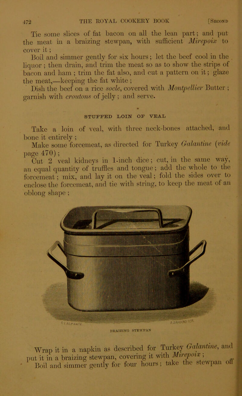 Tie some slices of fat bacon on all the lean part; and put the meat in a braizing stewpan, with sufficient Mirepoix to cover it; Boil and simmer gently for six hours; let the beef cool in the liquor; then drain, and trim the meat so as to show the strips of bacon and ham ; trim the fat also, and cut a pattern on it; glaze the meat,—keeping the fat white ; Dish the beef on a rice socle, covered with Montpellier Butter ; garnish with croutons of jelly ; and serve. STUFFED LOIN OF VEAL Take a loin of veal, with three neck-bones attached, and bone it entirely ; Make some forcemeat, as directed for Turkey Galantine (vide page 470); Cut 2 veal kidneys in 1-inch dice; cut, in the same way, an equal quantity of truffles and tongue; add the whole to the forcemeat; mix, and lay it on the veal; fold the sides over to enclose the forcemeat, and tie with string, to keep the meat of an oblong shape ; J1HAIZING STEWPAN Wrap it in a napkin as described for Turkey Galantine, and put it in a braizing stewpan, covering it with Mirepoix \ Boil and simme? gently for four hours; take the stewpan ofl