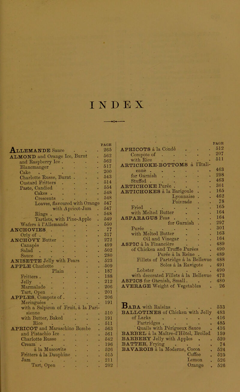 INDEX PAGE AlLEMANDE Sauce . . .265 ALMOND and Orange Ice, Burnt . 562 and Raspberry Ice . . • • 562 Blancmanger . . • .517 Cake 200 Charlotte Russe, Burnt . . . 543 Custard Fritters . . . .514 Paste, Candied .... 554 Cakes 548 Crescents .... 548 Loaves, flavoured with Orange 547 with Apricot-Jam . 547 Rings 548 Tartlets, with Pine-Apple . 549 Wafers a l’AUemande . . . 550 ANCHOVIES 77 Orly of . . . . . . 317 ANCHOVY Butter . . . .272 Canapes . . . . .499 Salad 502 Sauce 280 ANISETTE Jelly with Pears . . 523 APPLE Charlotte . . . . 509 Plain . . .187 Fritters 188 Jelly 212 Marmalade ..... 206 Tart, Open 201 APPLES, Compote of. . . .206 Meringu^es 191 with a Salpicon of Fruit, a la Pari- sienne 510 with Butter, Baked . . .191 Rice 511 APRICOT and Maraschino Bombe . 563 and Pistachio Ice . . . .561 Charlotte Russe .... 542 Cream 196 a la Muscovite . . .526 Fritters a la Dauphine . . .515 Jam 211 Tart, Open .... 202 PAGE APRICOTS a la Cond^ . . .512 Compote of . • • • 207 with Rice . . • • .511 ARTICHOKE-BOTTOMS a l’ltali- enne ...... 463 for Garnish ..... 298 Stuffed ...... 463 ARTICHOKE Puree . . . .301 ARTICHOKES a la Barigoule . . 165 Lyonnaise . . 462 Poivrade . . 78 Fried . . . . . .165 with Melted Butter . . .164 ASPARAGUS Peas . . . .164 for Garnish . .297 Puree . . . . . .301 with Melted Butter . . .163 Oil and Vinegar . . .164 ASPIC a la Finaneiere . . . 489 of Chicken and Truffle Purees . 490 Purde a la Reine . .489 Fillets of Partridge a la Bellevue 488 Soles a la Ravigote . 491 Lobster ..... 490 with decorated Fillets a la Bellevue 473 ASPICS for Garnish, Small. . . 480 AVERAGE Weight of Vegetables . 26 BaBA with Raisins .... 533 BALLOTINES of Chickon with Jelly 483 of Larks 416 Partridges 485 Quails with Perigueux Sauce . 416 BARBEL a la Maitre-d’Hotel, Broiled 159 BARBERY Jelly with Apples . . 520 BATTER, Frying .... 74 BAVAROIS a la Moderne, Cocoa . 524 Coffee , 525 Lemon . 526 Orange . 526
