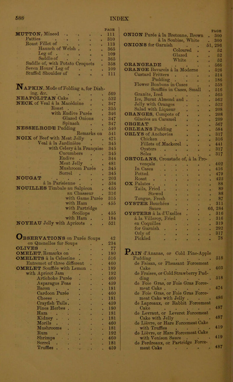 MUTTON, Minced • . Patties . . . . , Roast Fillet of ... . Haunch of Welsh . Leg of . Saddle of ... Saddle of, with Potato Croquets Seven Hours’ Leg of Stuffed Shoulder of . . Napkin, Mode of Folding a, for Dish- ing, &c NEAPOLITAN Cake NECK of Veal a la Macedoine Eoast . with Endive Puree Glazed Onions Spinach . . NESSELRODE Pudding Bemarks on NOIX of Beef with Meat Jelly Veal a la Jardiniere with Celery a la Francjaiso Cucumbers Endive . Meat Jelly . , Mushroom Puree Sorrel NOUGAT a la Parisienne . N OUILLES Timbale au Salpicon au Chasseur with Game Puree with Ham with Partridge Scollops with Ham . NOXEAU Jelly with Apricots Observations on PurAe Soups on Quenelles for Soups OLIVES OMELET, Remarks on OMELETS a la Celestine . Entremet of three different OMELET Souffle with Lemon . with Apricot Jam Artichoke PurAe Asparagus Peas Bacon Cardoon Puree Cheese Crayfish Tails.... Fines Herbes . . . . Ham Kidney Morils . . . . . Mushrooms . . . . Eum . . . . . Shrimps . Sorrol . . . . . Truffles ONION PurAe a la Bretonne, Brown PAGE 300 a la Soubise, White 300 ONIONS for Garnish 51 296 Coloured 52 Glazed 52 White 52 ORANGEADE . 566 ORANGE Bavarois A la Moderns 526 Custard Fritters m 514 Pudding . u 186 Flower Bonbons in Cases 558 Souffles in Cases, Small 516 Granite, Iced . . . . 565 Ice, Burnt Almond and . 562 Jelly with Oranges , 522 Salad with Liqueur • 208 ORANGES, Compote of 208 GlacAes au Caramel t 209 ORGEAT M 567 ORLEANS Pudding • 584 ORLTS of Anchovies . 317 Chicken . . # 316 Fillets of Mackerel . 441 Oysters . # 317 Soles ORTOLANS, Croustade of, a la Pro 317 veneale , 402 In Cases , 416 Potted . . ... 479 Eoast . . . 422 OX Palates . . 88 Tails, Fried . 89 Stewed 88 Tongue, Fresh , 87 OYSTER BouchAes . . 311 Sauce , 66, 284 OYSTERS a la d’Uxelles . 316 a la Villeroy, Fried a 316 en Coquilles . 319 for Garnish . , 292 Orly of ... , 317 Pickled • 78 AIN d’Ananas, or Cold Pine-Apple Pudding 518 de Faisan, or Pheasant Forcemeat Cake 403 de Fraises, or Cold Strawberry Pud- ding 518 de Foie Gras, or Foie Gras Force- meat Cake 474 de Foie Gras, or Foie Gras Force- meat Cake with Jelly . . . 486 de Lapreaux, or Rabbit Forcemeat Cake 487 do Levraut, or Leveret Forcemeat Cake with Jelly . . . 487 de Lievre, or Haro Forcemeat Cake with Truffles . 419 de Li6vre, or Hare Forcemeat Cake with Venison Sauce . • .419 de Perdreaux, or Partridge Force- meat Cake .... 487 PAGE 111 310 113 365 109 365 358 109 111 569 532 347 355 346 347 347 540 541 471 345 345 345 344 481 345 345 203 534 455 316 315 455 455 184 521 42 234 77 180 516 460 189 192 460 459 181 460 181 459 180 181 181 460 181 192 460 181 459