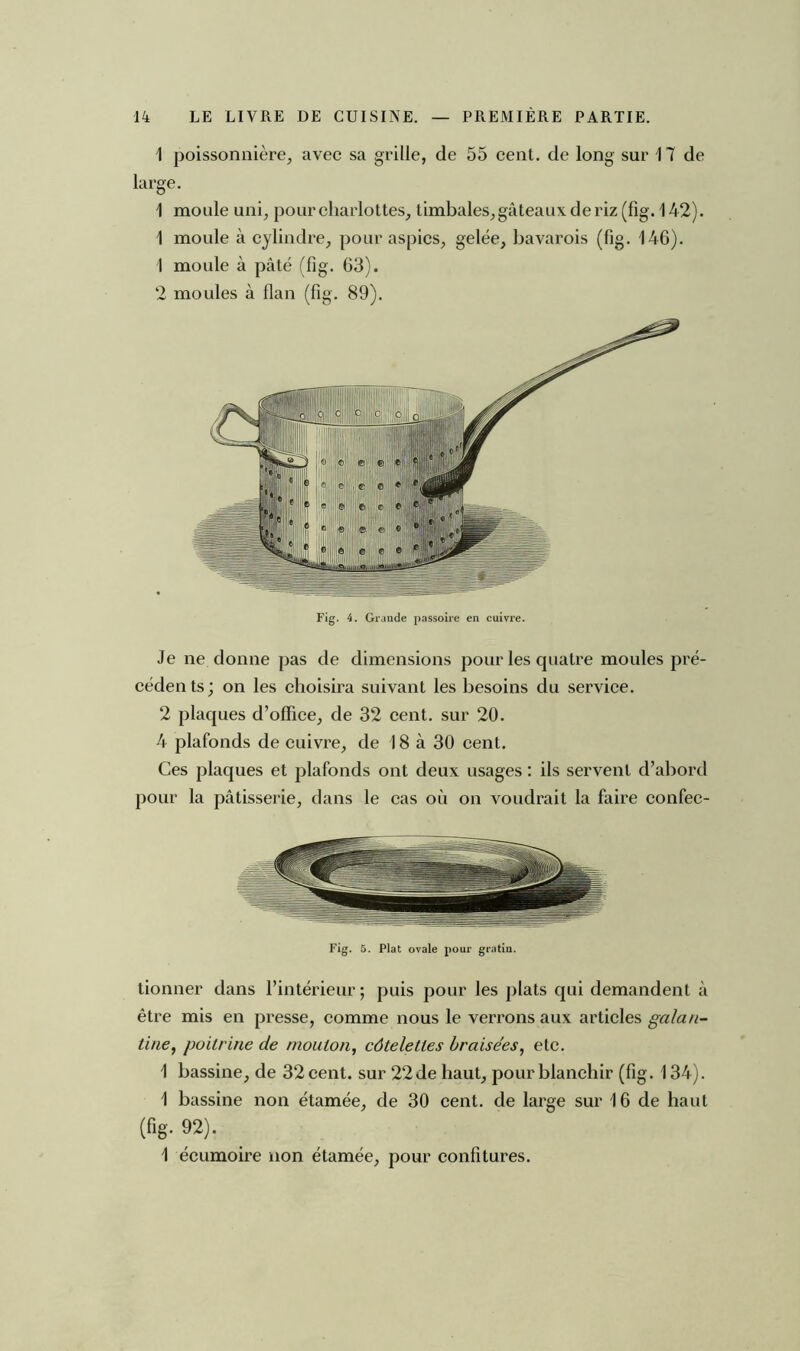 1 poissonnière, avec sa grille, de 55 cent, de long sur 17 de large. 1 moule uni, pour charlottes, timbales, gâteaux de riz (fig. 142). 1 moule à cylindre, pour aspics, gelée, bavarois (lig. 146). 1 moule à pâté (fig. 63). 2 moules à flan (fig. 89). Fig. 4. Grande passoire en cuivre. Je ne donne pas de dimensions pour les quatre moules pré- céden ts ; on les choisira suivant les besoins du service. 2 plaques d’office, de 32 cent, sur 20. 4 plafonds de cuivre, de 18 à 30 cent. Ces plaques et plafonds ont deux usages : ils servent d’abord pour la pâtisserie, dans le cas où on voudrait la faire confec- Fig. 5. Plat ovale pour gratin. Donner dans l’intérieur ; puis pour les plats qui demandent à être mis en presse, comme nous le verrons aux articles galan- tine, poitrine de mouton, côtelettes braisées, etc. 1 bassine, de 32 cent, sur 22 de haut, pour blanchir (fig. 134). 1 bassine non étamée, de 30 cent, de large sur 16 de haut (fig. 92). 1 écumoire non étamée, pour confitures.