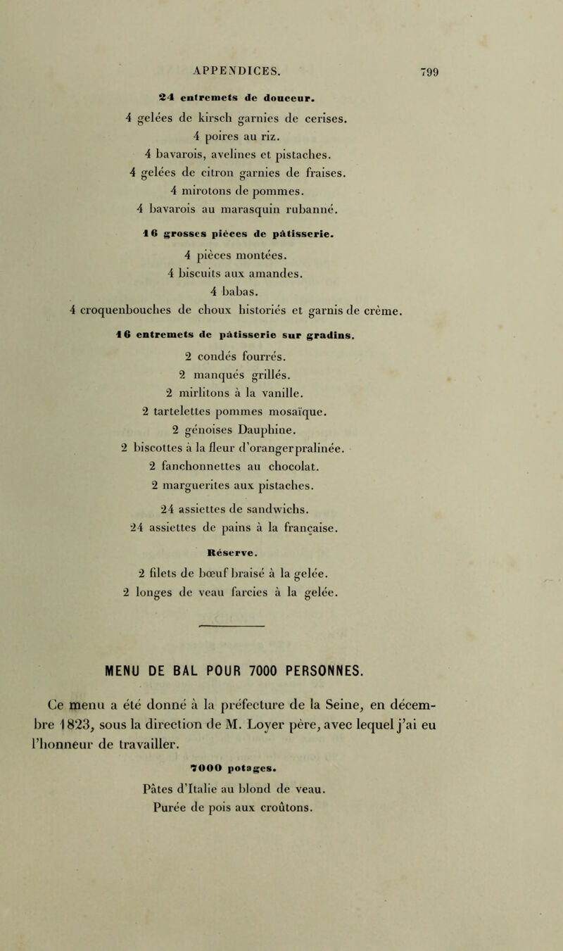 24 entremets de douceur. 4 gelées de kirsch garnies de cerises. 4 poires au riz. 4 bavarois, avelines et pistaches. 4 gelées de citron garnies de fraises. 4 mirotons de pommes. 4 bavarois au marasquin rubanné. 16 grosses pièces de pâtisserie. 4 pièces montées. 4 biscuits aux amandes. 4 babas. 4 croquenbouches de choux historiés et garnis de crème. 16 entremets de pâtisserie sur gradins. 2 coudés fourrés. 2 manqués grillés. 2 mirlitons à la vanille. 2 tartelettes pommes mosaïque. 2 génoises Dauphine. 2 biscottes à la fleur d’oranger pralinée. 2 fanchonnettes au chocolat. 2 marguerites aux pistaches. 24 assiettes de sandwichs. 24 assiettes de pains à la française. Réserve. 2 fdets de bœuf braisé à la gelée. 2 longes de veau farcies à la gelée. MENU DE BAL POUR 7000 PERSONNES. Ce menu a été donné à la préfecture de la Seine, en décem- bre 1823, sous la direction de M. Loyer père, avec lequel j’ai eu l’honneur de travailler. 7000 potages. Pâtes d’Italie au blond de veau. Purée de pois aux croûtons.