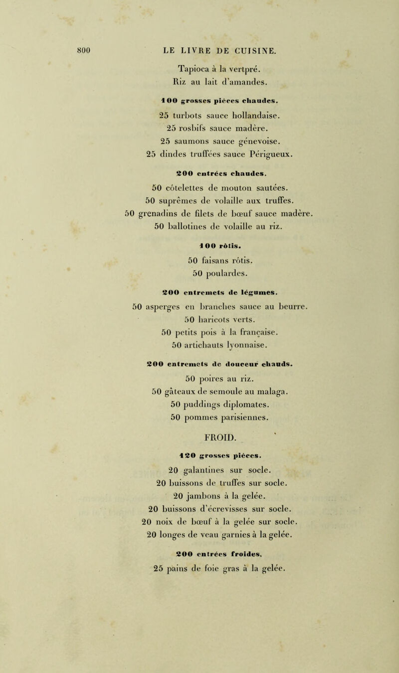 Tapioca à la vertpré. Riz au lait d’amandes. ÎOO grosses pièces chaudes. 25 turbots sauce hollandaise. 25 rosbifs sauce madère. 25 saumons sauce genevoise. 25 dindes truffées sauce Périgueux. 200 entrées chaudes. 50 côtelettes de mouton sautées. 50 suprêmes de volaille aux truffes. 50 grenadins de filets de bœuf sauce madère. 50 ballotines de volaille au riz. 4 OO rôtis. 50 faisans rôtis. 50 poulardes. 200 entremets de légumes. 50 asperges en branches sauce au beurre. 50 haricots verts. 50 petits pois à la française. 50 artichauts lyonnaise. 200 entremets de douceur chauds. 50 poires au riz. 50 gâteaux de semoule au malaga. 50 puddings diplomates. 50 pommes parisiennes. FROID. 4 20 grosses pièces. 20 galantines sur socle. 20 buissons de truffes sur socle. 20 jambons à la gelée. 20 buissons d’écrevisses sur socle. 20 noix de bœuf à la gelée sur socle. 20 longes de veau garnies à la gelée. 200 entrées froides. 25 pains de foie gras à la gelée.