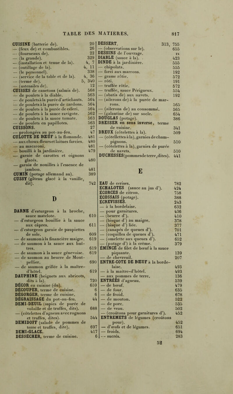 TABLE DES CUISINE (batterie de). 20 — (feux de) et combustibles. 26 — (fourneaux de). 22 — (la grande). 329 — (installation et tenue de la). 4, 7 — (outillage de la). 4, 11 — (le personnel). 338 — (service de la table et de la). 4, 36 — (terme de). 5, 340 — (ustensiles de). 12 CUISSES de canetons (salmis de). 568 — de poulets à la diable. 563 — de pouletsà la purée d’artichauts. 564 — de poulets à la purée de cardons. 564 — de poulets à la purée de céleri. 564 — de poulets à la sauce ravigote. 562 — de poulets à la sauce tomate. 563 — de poulets en papillotes. 563 CUISSONS. 27 — prolongées au pot-au-feu. 47 CULOTTE DE BŒUF à la flamande. 481 — aux choux-fleurs et laitues farcies. 480 — au macaroni. 481 — bouilli à la jardinière. 479 — garnie de carottes et oignons glacés. 480 — garnie de nouilles à l’essence de jambon. 481 CUMIN (potage allemand au). 389 CUSSY (gâteau glacé à la vanille, dit). 742 D DARNE d’ esturgeon à la broche, sauce matelote. 610 — d’esturgeon bouillie à la sauce aux câpres. 611 — d’esturgeon garnie de paupiettes de sole. 609 — de saumonàla financière maigre. 619 — de saumon à la sauce aux huî- tres. 619 — de saumon à la sauce génevoise. 619 — de saumon au beurre de Mont- pellier. 690 — de saumon grillée à la maître- d’hôtel. 619 DAUPHINE (beignets aux abricots, dits à la). 720 DÉCOR en cuisine (du). 659 DÉCOUPER, terme de cuisine. 6 DÉGORGER, terme de cuisine. 6 DÉGRAISSAGE du pot-au-feu. 44 DEMI-DEUIL (aspics de purée de volaille et de truffes, dits). 688 — (côtelettes d’agneau avec rognons et truffes, dites). 544 DEMID0FF (salade de pommes de terre et truffes, dite). 697 DEMI-GLACE. 417 DESSÉCHER, terme de cuisine. 6 MATIERES. 817 DESSERT. 313, 755 — (observations sur le). 655 DESSINS de l’ouvrage. IX DIABLE (sauce à la). . 423 DINDE à la jardinière. 555 — chipolata. 555 — farci aux marrons. 192 — grasse rôtie. 572 — rôti. 191 — truffée rôtie. 572 — truffée, sauce Périgueux. 554 — (abatis de) aux navets. 192 — (ailerons de) à la purée de mar- rons. 565 — (ailerons de) au consommé. 565 — (galantine de) sur socle. 654 DOUGLAS (potage). 386 DRESSER en sens inverse, terme de cuisine. 341 DREUX (côtelettes à la). 509 —- (côtellettes à la), garnies de cham- pignons. 510 — (côtelettes à la), garnies de purée de navets. 510 DUCHESSES(pommesde terre,dites). 441 E EAU de cerises. 782 ÉCHALOTES (sauce au jus d’). 424 ÉCORCES de citron. 758 ÉCOSSAIS (potage). 388 ÉCREVISSES. 243 — à la bordelaise. 632 — pour garnitures. 436 — (beurre d’). 410 — (bisque d') au maigre. 378 — (bisque d’) liée. 377 — (canapés de queues d’). 701 — (coquilles de queues d’). 471 — (omelette aux queues d’). 652 — (potage d’) à la crème. 379 ÉMINCÉ de filet de bœuf à la sauce piquante. 139 — de chevreuil. 207 ENTRE-COTE DE BŒUF à la borde- laise. 493 — à la maitre-d’hôtel. 493 — aux pommes de terre. 136 ENTRÉES d’agneau. 539 — de bœuf. 479 — de four. 635 — de froid. 678 — de mouton. 522 — de porc. 535 — de veau. 502 — (croûtons pour garnitures d’). 452 ENTREMETS de légumes (croûtons pour). 452 — d’œufs et de légumes. 651 — froids. 694 — sucrés. 283 52