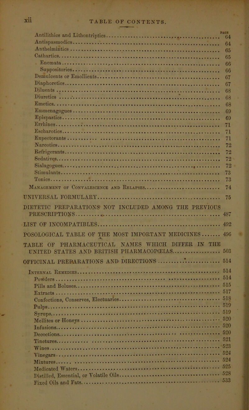 Antilithics and Lithontriptics *”^*04 Antispasmodics 04 Anthelmintics 05 Cathartics 05 Enemata 00 Suppositories 00 Demulcents or Emollients 07 Diaphoretics 07 Diluents 08 Diuretics • 08 Emetics 08 Emmenagogues 09 Epispastics 69 Errhines 71 Escharotics 71 Expectorants 71 Narcotics 72 Refrigerants 72 Sedatives 72 Sialagogues 72 Stimulants 73 Tonics *. 73 Management of Convalescence and Relapses 74 UNIVERSAL FORMULARY 75 DIETETIC PREPARATIONS NOT INCLUDED AMONG THE PREVIOUS PRESCRIPTIONS 487 LIST OF INCOMPATIBLES 492 POSOLOGICAL TABLE OF THE MOST IMPORTANT MEDICINES 490 TABLE OF PHARMACEUTICAL NAMES WHICH DIFFER IN THE UNITED STATES AND BRITISH PHARMACOPOEIAS 503 OFFICINAL PREPARATIONS AND DIRECTIONS 514 Internal Remedies Powders 514 Pills and Boluses 515 Extracts 517 Confections, Conserves, Electuaries 518 Pulps., 519 Syrups ^1^ Mellites or Honeys 520 Infusions Decoctions Tinctures Wines Vinegars Mixtures Medicated Waters Distilled, Essential, or Volatile Oils 528 Fixed Oils and Fats