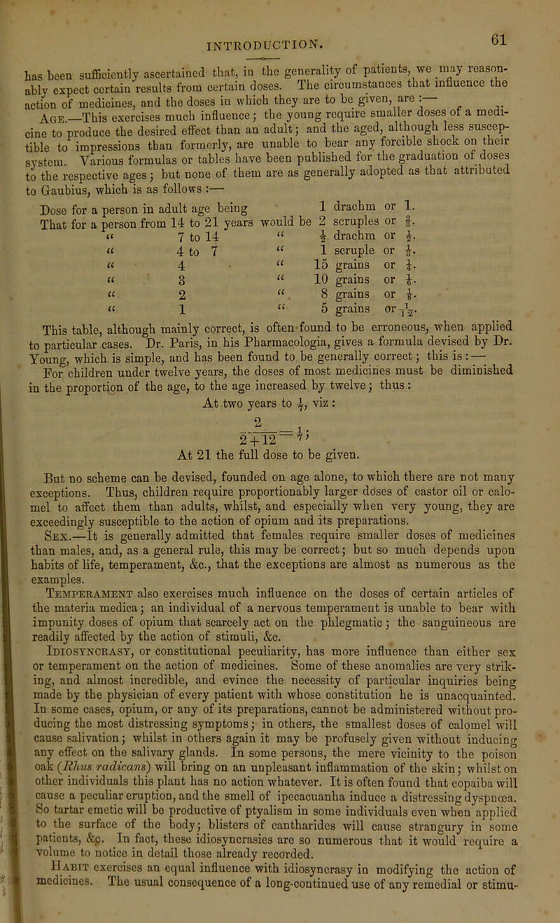 has been sufficiently ascertained that, in the generality of patients we may reason- ablv expect certain results from certain doses. The circumstances that influence the action of medicines, and the doses in which they are to be given, are Age.—This exercises much influence; the young require smaller doses ot a medi- cine to produce the desired effect than an adult j and the aged, although less suscep- tible to impressions than formerly, are unable to bear any forcible shock on their system. Various formulas or tables have been published for the graduation of doses to the respective ages; but none of them are as generally adopted as that attributed to Gaubius, which is as follows :— Dose for a person in adult age being That for a person from 14 to 21 years would be » 7 to 14 ‘‘ a u 4 to 4 3 2 1 1 2 i 1 1. drachm or scruples or f drachm or J scruple or ^ 15 grains or 1 10 grains or i 8 grains or i 5 grains or grains This table, although mainly correct, is often-found to be erroneous, when applied to particular cases. Dr. Paris, in his Pharmacologia, gives a formula devised by Dr. Young, which is simple, and has been found to be generally correct; this is: — For children under twelve years, the doses of most medicines must be diminished in the proportion of the age, to the age increased by twelve j thus: At two years to viz : 2 . 1. 2 + 12 At 21 the full dose to be given. But no scheme can be devised, founded on age alone, to which there are not many exceptions. Thus, children require proportionably larger doses of castor oil or calo- mel to affect them than adults, whilst, and especially when very young, they are exceedingly susceptible to the action of opium and its preparations. Sex.—It is generally admitted that females require smaller doses of medicines than males, and, as a general rule, this may be correct; but so much depends upon habits of life, temperament, &c., that the exceptions are almost as numerous as the examples. Temperament also exercises much influence on the doses of certain articles of the materia medica; an individual of a nervous temperament is unable to bear with impunity doses of opium that scarcely act on the phlegmatic j the sanguineous are readily affected by the action of stimuli, &c. Idiosyncrasy, or constitutional peculiarity, has more influence than either sex or temperament on the action of medicines. Some of these anomalies are very strik- ing, and almost incredible, and evince the necessity of particular inquiries being made by the physician of every patient with whose constitution he is unacquainted. In some cases, opium, or any of its preparations, cannot be administered without pro- ducing the most distressing symptoms; in others, the smallest doses of calomel will cause salivation; whilst in others again it may be profusely given without inducing any effect on the salivary glands. In some persons, the mere vicinity to the poison oak (^Rhus radicans) will bring on an unpleasant inflammation of the skin; whilst on other individuals this plant has no action whatever. It is often found that copaiba will cause a peculiar eruption, and the smell of ipecacuanha induce a distressing dyspnoea. So tartar emetic will be productive of ptyalism in some individuals even when applied to the surface of the body; blisters of cantharidcs will cause strangury in some patients, &p. In fact, these idiosyncrasies are so numerous that it would require a volume to notice in detail those already recorded. Habit exercises an equal influence with idiosyncrasy in modifying the action of medicines. The usual consequence of a long-continued use of any remedial or stimu-