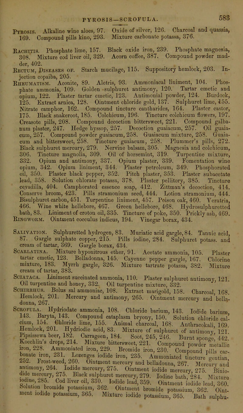 Pyrosis. Alkaline wine aloes, 97. Oxide of silver, 12G. Charcoal and quassia, 169. Compound pills kino, 293. Mixture carbonate potassa, 376. Kachitis. Phosphate lime, 157. Black oxide iron, 239. Phosphate magnesia, 308. Mixture cod liver oil, 329. Acorn coffee, 387. Compound powder mad- der, 402. Kectum, Diseases of. Starch mucilage, 115. Suppository hemlock, 203. In- jection copaiba, 205. Rheumatism. Aconite, 89. Aletris, 93. Amraoniacal liniment, 104. Phos- phate ammonia, 109. Golden sulphuret antimon}', 120. Tartar emetic and opium, 122. Plaster tartar emetic, 123. Antimonial powder, 124. Burdock, 125. Extract arnica, 128. Ointment chloride gold, 137. Sulphuret lime, 155. Nitrate camphor, 162. Compound tincture cantharides, 164. Plaster castor, 175. Black snakeroot, 185. Colchicum, 196. Tincture colchicura flowers, 197. Creasote pills, 208. Compound decoction bittersweet, 221. Compound galba- num plaster, 247. Hedge hyssop, 257. Decoction guaiacum, 257. Oil guaia- cum, 257. Compound powder guaiacum, 258. Guaiacum mixture, 258. Guaia- cum and bittersweet, 258. Tincture guaiacum, 258. Plummer’s pills, 272. Black sulphuret mercury, 279. Nervine balsam, 305. Magnesia and colchicum, 306. Tincture magnolia, 309. Oil of horsemint, 319. Turpentine mixture, 332. Opium and antimony, 337. Opium plaster, 339. Fomentation wine opium, 342. Opium liniment, 344. Plaster petroleum, 349. Phosphorated oil, 350. Plaster black pepper, 352. Pitch plaster, 353. Plaster subacetate lead, 358. Solution chlorate potassa, 378. Plaster pellitory, 385. Tincture cevadilla, 404. Camphorated essence soap, 412. Zittman’s decoction, 414. Conserve broom, 423. Pills stramonium seed, 444. Lotion stramonium, 444. Bisulphuret carbon, 451. Turpentine liniment, 457. Poison oak, 460. Veratria, 466. Wine white hellebore, 467. Green hellebore, 468. Hydrosulphuretted bath, 83. Liniment of croton oil, 335. Tincture of poke, 350. Prickly ash, 469. Ringworm. Ointment cocculus indicus, 194. Vinegar borax, 434. Salivation. Sulphuretted hydrogen, 83. Muriatic acid gargle, 84. Tannic acid, 87. Gargle sulphate copper, 215. Pills iodine, 284. Sulphuret potass, and cream of tartar, 369. Gargle borax, 434. Scarlatina. _ Mixture hyponitrous ether, 91. Acetate ammonia, 105. Plaster tartar emetic, 123. Belladonna, 145. Cayenne pepper gargle, 167. Chlorine mixture, 183. Myrrh gargle, 326. Mixture tartrate potassa, 382. Mixture cream of tartar, 383. SciATACA. Liniment succinated ammonia, 110. Plaster sulphuret antimony 121 Oil turpentine and honey, 332. Oil turpentine mixture, 332. ’ SCHIRRHUS. Bolus sal ammoniac, 108. Extract marigold, 158. Charcoal, 168. Hemlock, 201. Mercury and antimony, 265. Ointment mercury and^belD- donna, 267. Scrofula. Hydriodate ammonia, 108. Chloride barium, 143. Iodide barium cataplasm bryony, 150. Solution chloride cal- cmm 154 Chloride lime, 155. Animal charcoal, 168. Anthracokali, 169 Hemlock, 201. Hydriodic acid, 83. Mixture of sulphuret of antimony 1‘>1 Pipsissewa beer, 182 Carrageen, 184. Soot, 245, 246. Burnt spon/e! 442'. Koechlm s drops, 214. Mixture bittersweet, 221. Compound powder metallic iron, 228. Ammoniated iron, 229. Bromide iron, 230. Compound pills car- bonate iron 231 Wnges iodide iron, 235. Ammoniated tincture gentian, 252. Frost-weed, 260. Ointment mercury and belladonna, 267. Mercury and an imony, 264^ Iodide mercury, 275. Ointment iodide mercury, 275. ffinio- dide mercury, 275. Black sulphuret mercury, 279. Iodine bath, 284. Mixture S^uh’ Ointment iodide lead, 360. rnii potassium, 362.^ Ointment bromide potassium, 362. Oint- ment iodide potassium, 365. Mixture iodide potassium, 365. Bath sulphu-