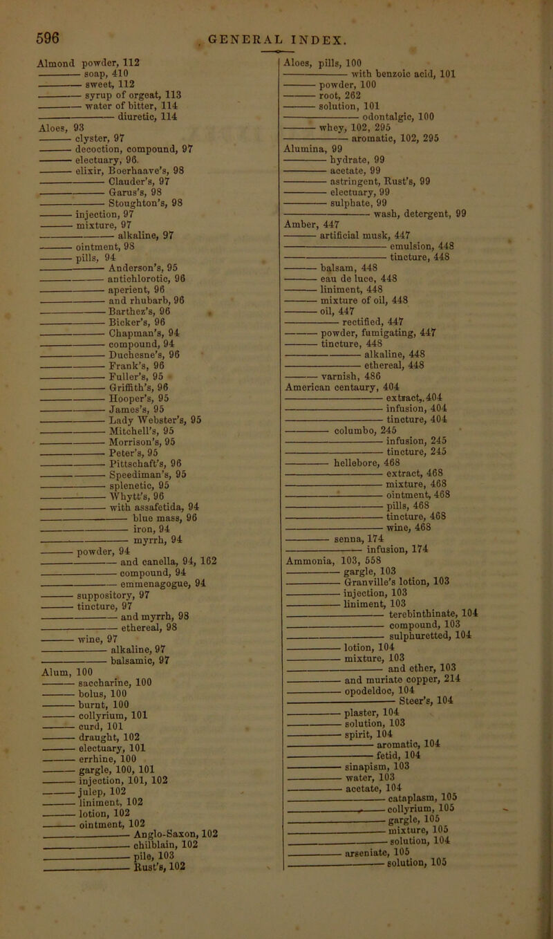 Almond powder, 112 soap, 410 sweet, 112 syrup of orgeat, 113 water of bitter, 114 diuretic, 114 Aloes, 93 clyster, 97 decoction, compound, 97 electuary, 90. elixir, Boerhaave’s, 98 Clauder’s, 97 Garus’s, 98 Stoughton’s, 98 injection, 97 mixture, 97 alkaline, 97 ointment, 98 pills, 94 Anderson’s, 95 antichlorotic, 96 aperient, 96 and rhubarb, 96 Barthez’s, 96 Bicker’s, 96 Chapman’s, 94 compound, 94 Duchesne’s, 96 Frank’s, 96 Fuller’s, 95 Griffith’s, 96 Hooper’s, 95 James’s, 95 Lady Webster’s, 95 Mitchell’s, 95 Morrison’s, 95 Peter’s, 95 Pittschaft’s, 96 Speediman’s, 95 splenetic, 95 Whytt’s, 96 with assafetida, 94 blue mass, 96 iron, 94 myrrh, 94 powder, 94 and canella, 94, 162 compound, 94 emmenagogue, 94 suppository, 97 tincture, 97 and myrrh, 98 ethereal, 98 wine, 97 alkaline, 97 balsamic, 97 Alum, 100 saccharine, 100 bolus, 100 burnt, 100 collyriura, 101 curd, 101 draught, 102 electuary, 101 errhine, 100 gargle, 100, 101 injection, 101, 102 julep, 102 liniment, 102 lotion, 102 ointment, 102 Anglo-Saxon, 102 chilblain, 102 — pile, 103 Bust’s, 102 Aloes, pills, 100 with benzoic acid, 101 powder, 100 root, 262 solution, 101 odontalgic, 100 whey, 102, 295 aromatic, 102, 295 Alumina, 99 hydrate, 99 acetate, 99 astringent. Rust’s, 99 electuary, 99 sulphate, 99 wash, detergent, 99 Amber, 447 artificial musk, 447 emulsion, 448 tincture, 448 balsam, 448 eau de luce, 448 liniment, 448 mixture of oil, 448 oil, 447 rectified, 447 powder, fumigating, 447 tincture, 448 alkaline, 448 ethereal, 448 varnish, 486 American centaury, 404 extract,. 404 infusion, 404 tincture, 404 columbo, 245 infusion, 245 tincture, 245 hellebore, 468 extract, 468 mixture, 468 : ointment, 468 pills, 468 tincture, 468 wine, 468 senna, 174 infusion, 174 Ammonia, 103, 558 gargle, 103 Granville’s lotion, 103 injection, 103 liniment, 103 — terebinthinate, 104 compound, 103 sulphuretted, 104 lotion, 104 mixture, 103 — and ether, 103 and muriate copper, 214 opodeldoc, 104 — Steer’s, 104 plaster, 104 solution, 103 spirit, 104 — aromatic, 104 fetid, 104 sinapism, 103 water, 103 acetate, 104 - cataplasm, 105 collyrium, 105 -gargle, 105 mixture, 105 solution, 104 arseniatc, 105 solution, 105